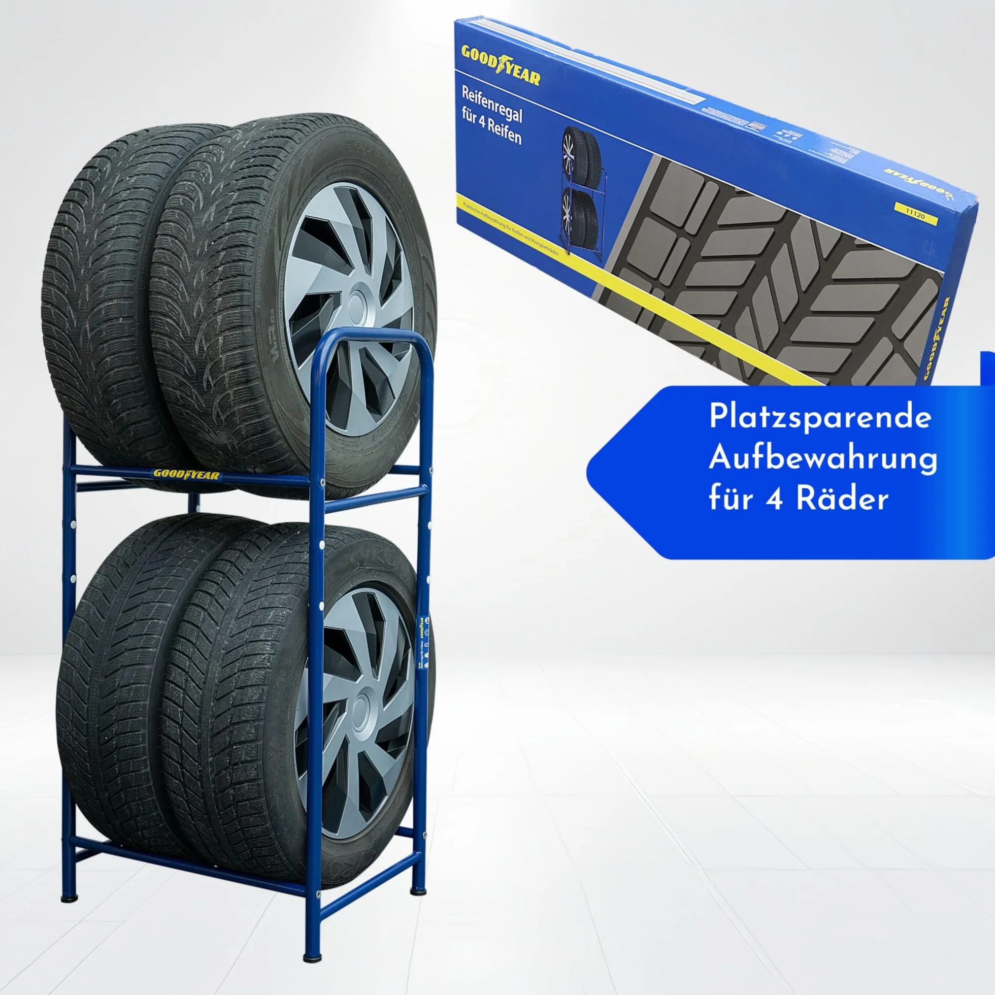 Goodyear Regał na opony na 4 opony, zajmuje mało miejsca, z regulacją wysokości, 2 poziomy, nośność do 120 kg, niebieski