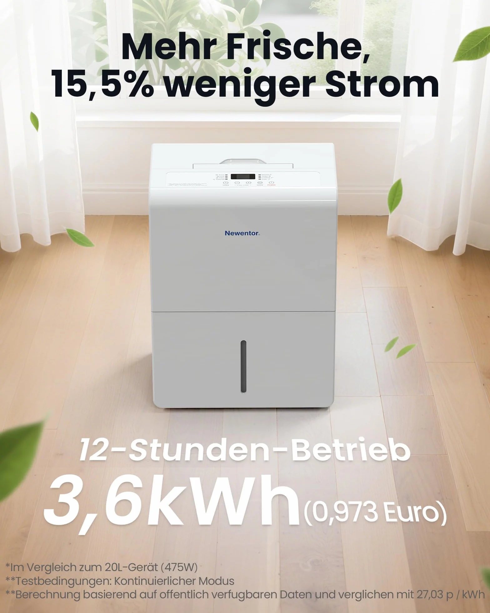 Newentor Osuszacz powietrza 25 l/24 h, do pomieszczeń 215 m³/80 m² – 3-krotna redukcja hałasu – energooszczędny chip – łatwa obsługa – z wężem odpływowym 1 m i zdejmowanym filtrem, timer