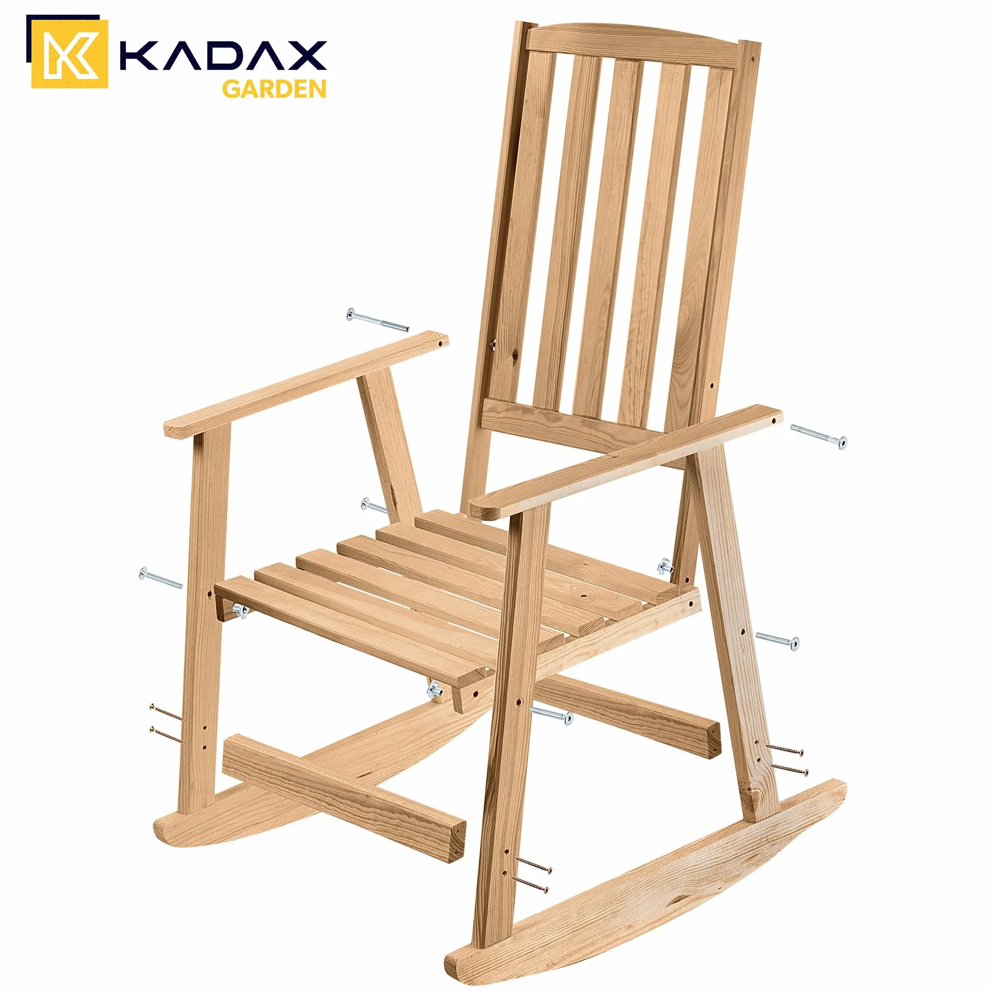 KADAX Fotel bujany z podłokietnikami, fotel bujany z drewna, krzesło ogrodowe, bujane, krzesło relaksacyjne, krzesło ogrodowe (ciemne)