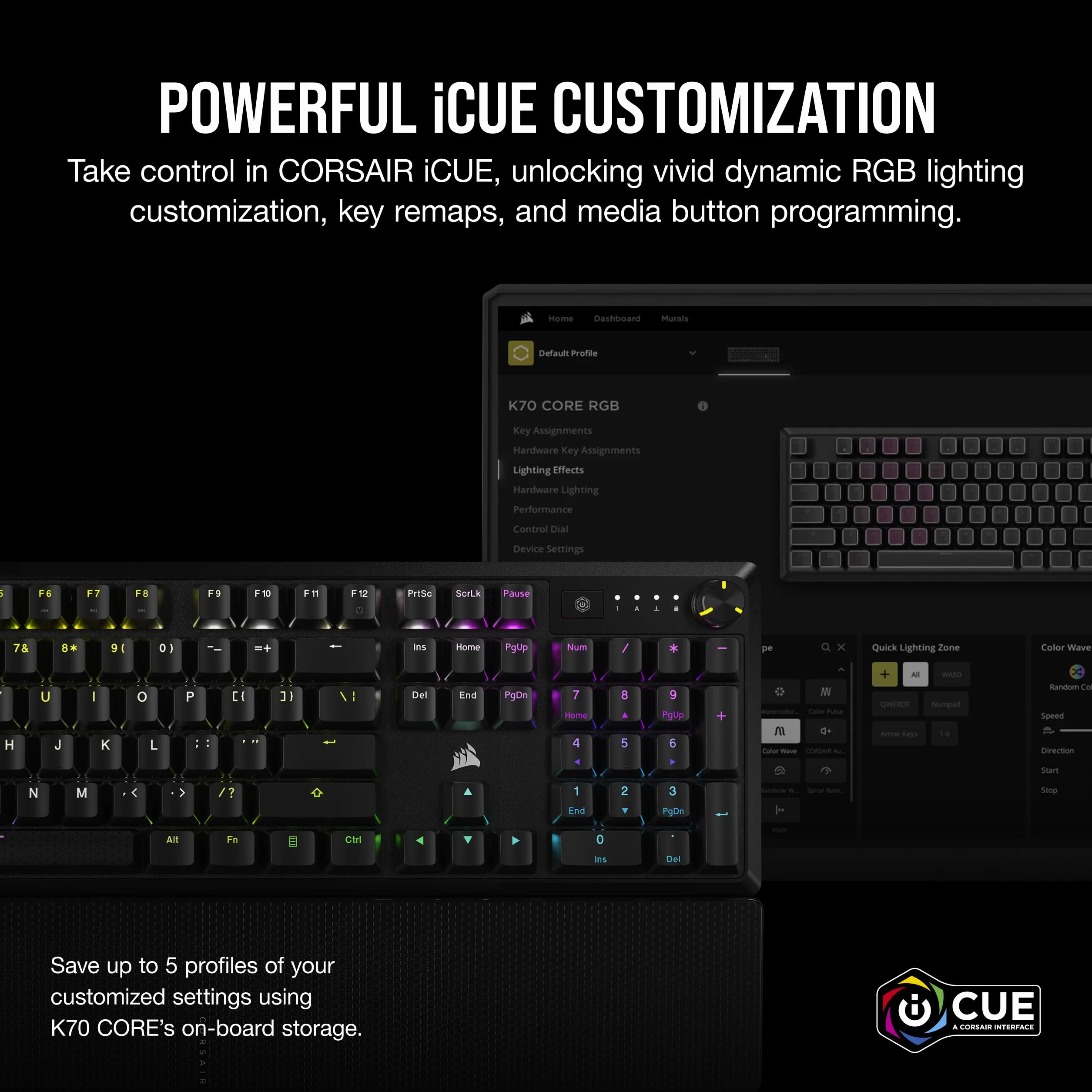 CORSAIR K70 CORE RGB mechaniczna przewodowa klawiatura do gier z podpórką pod nadgarstki, wstępnie nasmarowane czerwone przełączniki liniowe MLX, SOCD, malowane ABS klawisze, tłumiące dźwięk, pokrętło