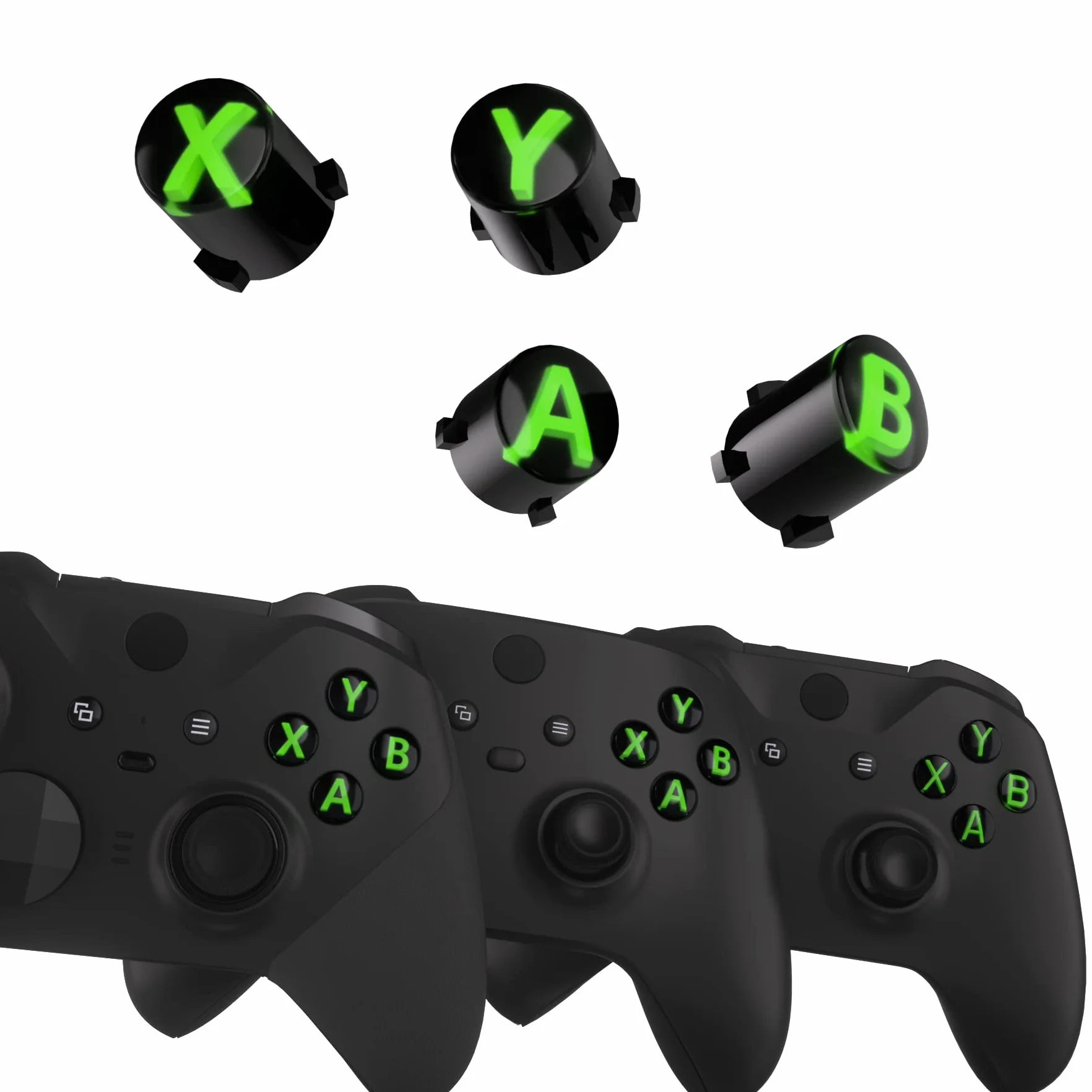 eXtremeRate Wymiana Custom ABXY Action Buttons dla Xbox Series X & S Controller, Three-Tone Czarny & Przezroczysty z Zielony Klasycznymi Symbolami Klawisze A B X Y dla Xbox One S/X, Elite V1/V2 Controller