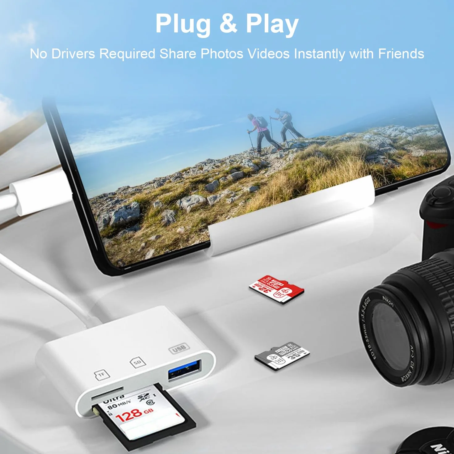 Czytnik kart SD, czytnik SD iPhone czytnik kart SD adapter USB z Micro SD i SD oraz portem USB SD Card Reader adapter aparatu dla iPhone'a 17 16 15 Pro Max, iPad, Samsung, Caméra