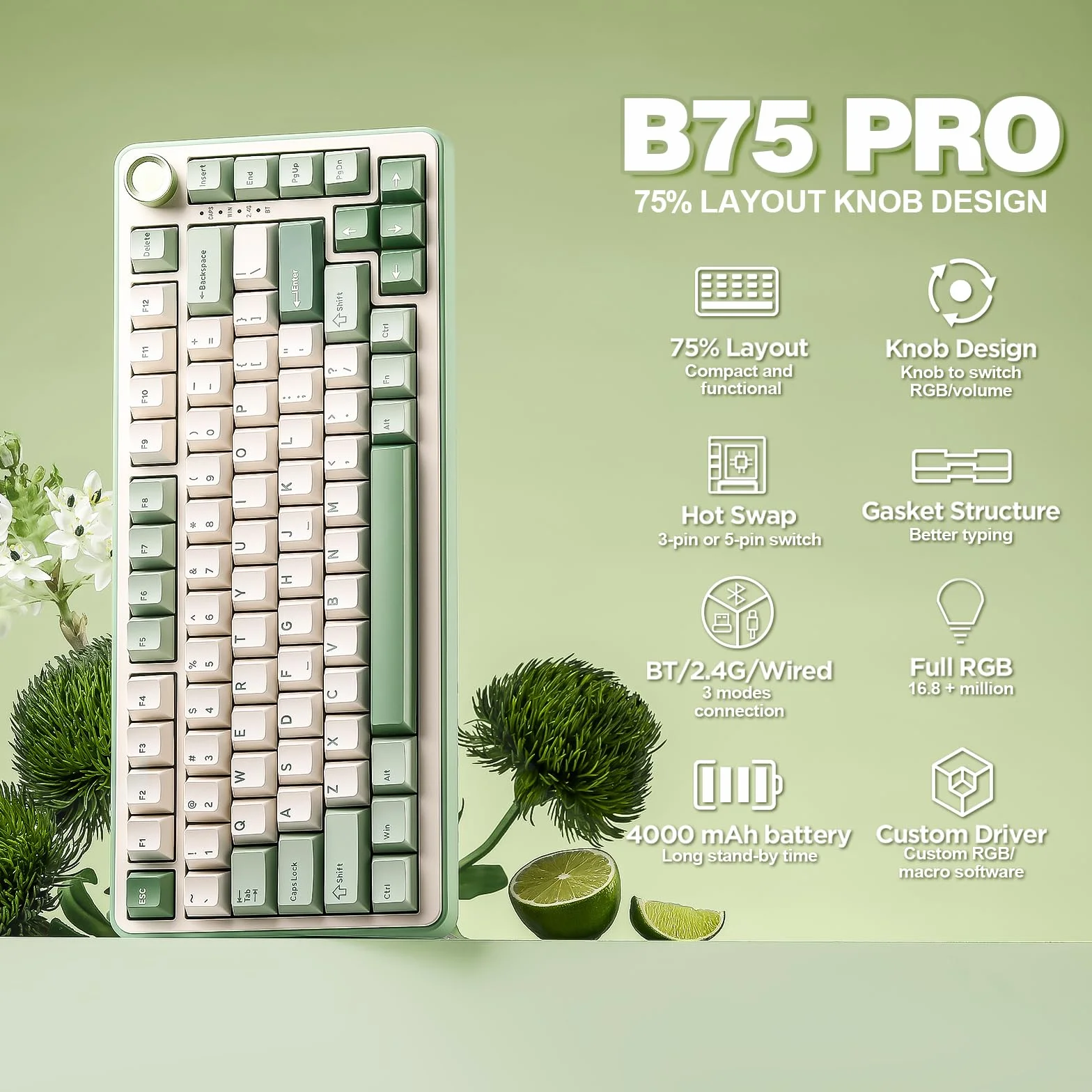 YUNZII B75 PRO Bezprzewodowa Klawiatura Mechaniczna,75% Uszczelka Klawiatury Do Gier Hot Swap Keyboard Z Pokrętłem, BT/Type-C/2.4G Kremowa Klawiatura (zielony, Cocoa Cream V2 Switch)