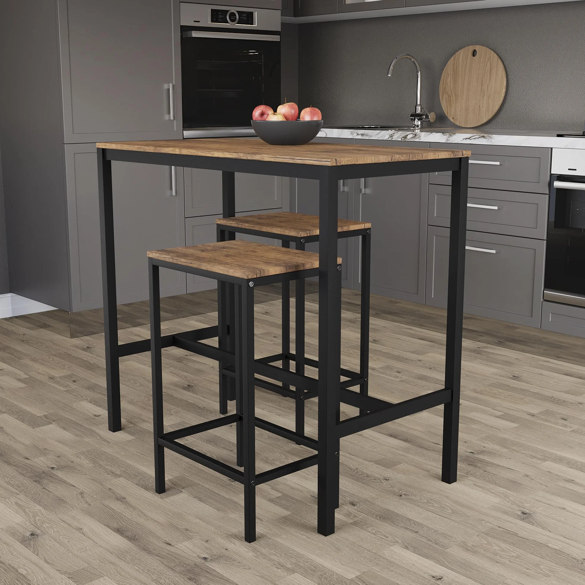 Vida Designs Roslyn 2-osobowy stół barowy z 2 stołkami barowymi, rama ze stali przemysłowej (ciemne drewno)