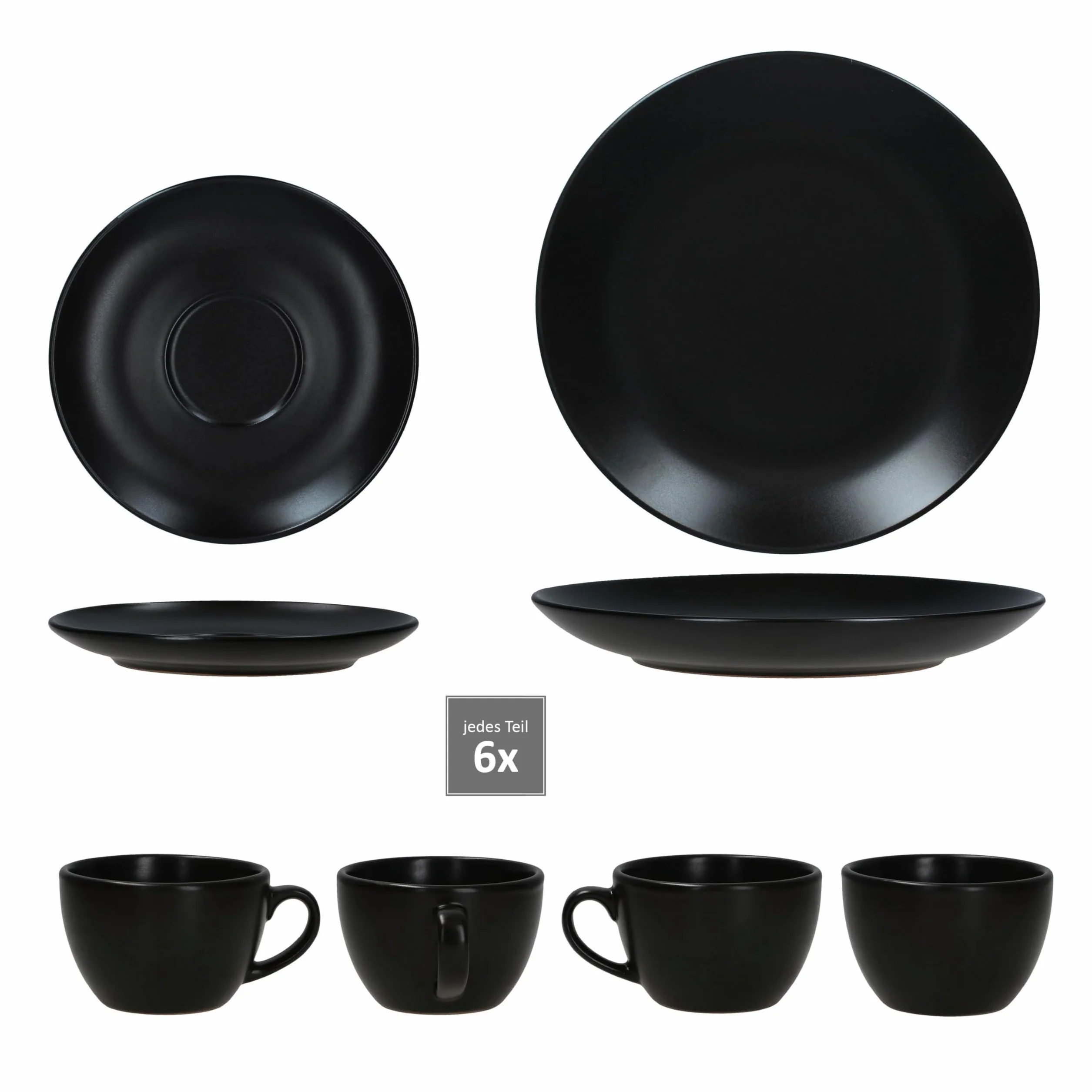 MamboCat Panther 18-częściowy serwis kawowy czarny I Matowe naczynia z kamionki dla 6 osób I Po 6X filiżanek 160ml, spodki i talerze do ciast I elegancki zestaw do śniadania i kawy