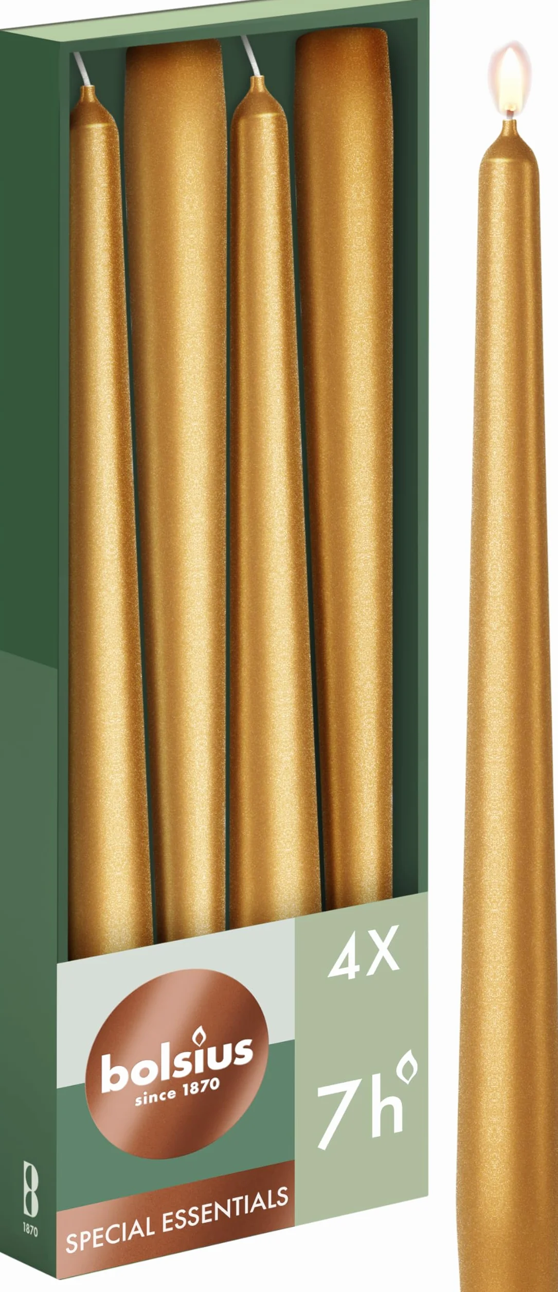Bolsius Świece gładkie metaliczne złoto 24,5 cm 4 sztuki czas palenia 7 godzin bezzapachowe naturalny wosk roślinny