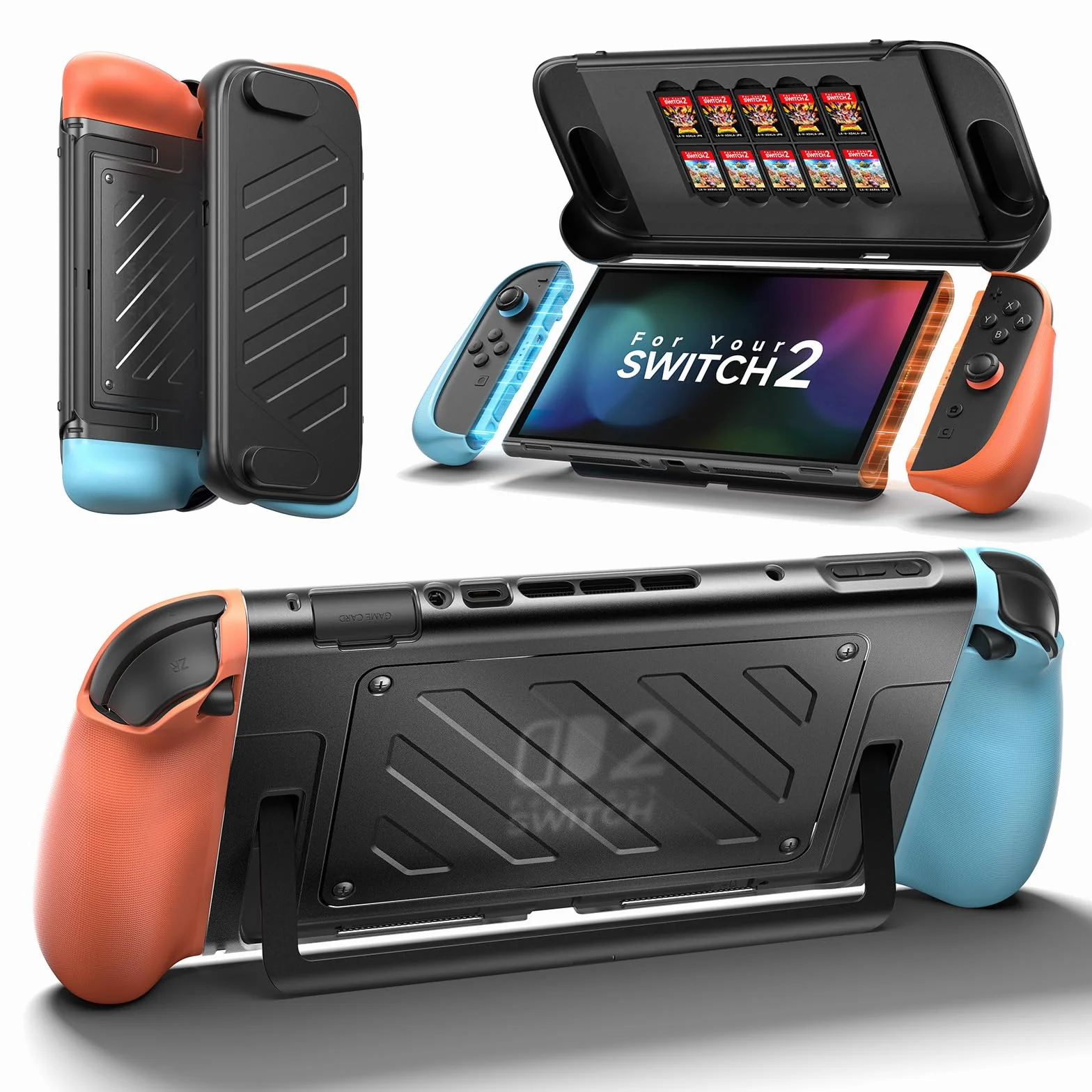 JSAUX Podzielone etui ochronne na Nintendo Switch 2, TPU i PC, antypoślizgowy ergonomiczny uchwyt, przechowywanie 10 kart do gier, niebieski