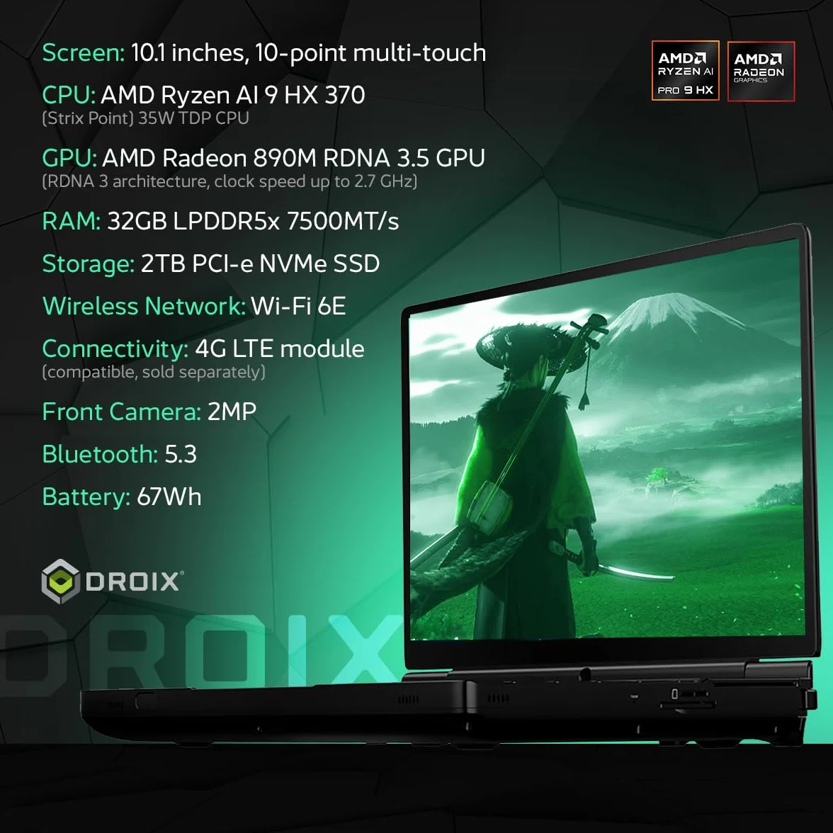 GPD WIN MAX 2 2025 przenośny komputer do gier z AMD Ryzen AI 9 HX 370, Radeon 890M, 64 GB RAM, dyskiem SSD 2 TB, OcuLink, 10,1-calowym wyświetlaczem IPS.