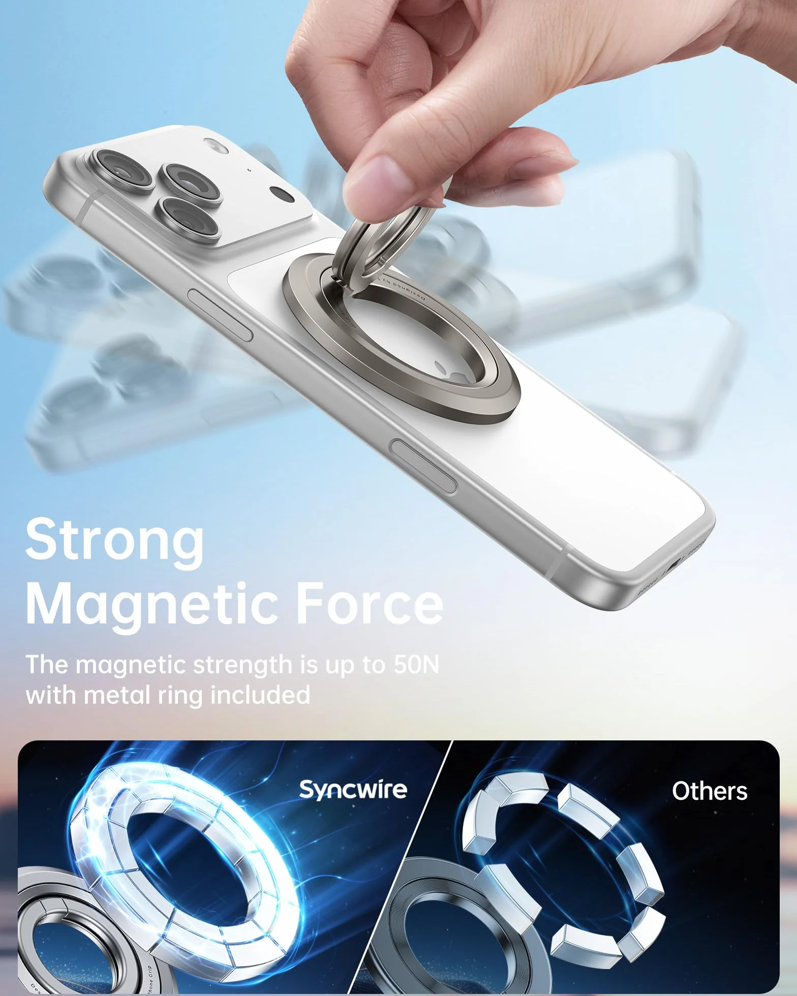 SYNCWIRE Pierścień na telefon MagSafe, obrót o 360°, dwustronny magnes, kompatybilny z iPhone 17 16 15 14 13 12 Pro Max MagSafe, Android, Samsung itp.