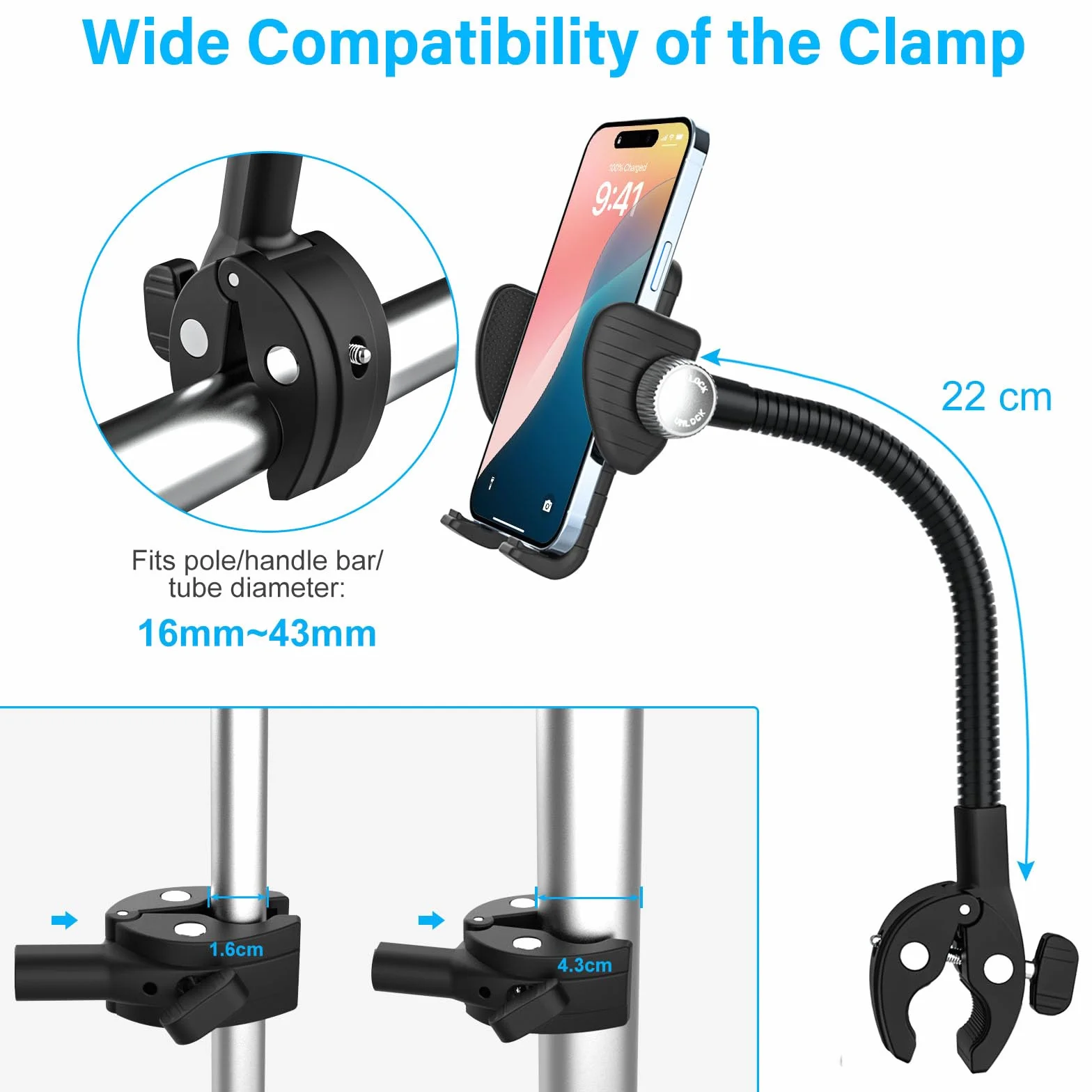 Uchwyt na telefon do wózka rowerowego, [Super stabilny], uchwyt na telefon do wózka inwalidzkiego, łodzi, wózka zakupowego, uchwyt na kierownicę z giętką szyją do iPhone 16 15 14 Pro Max