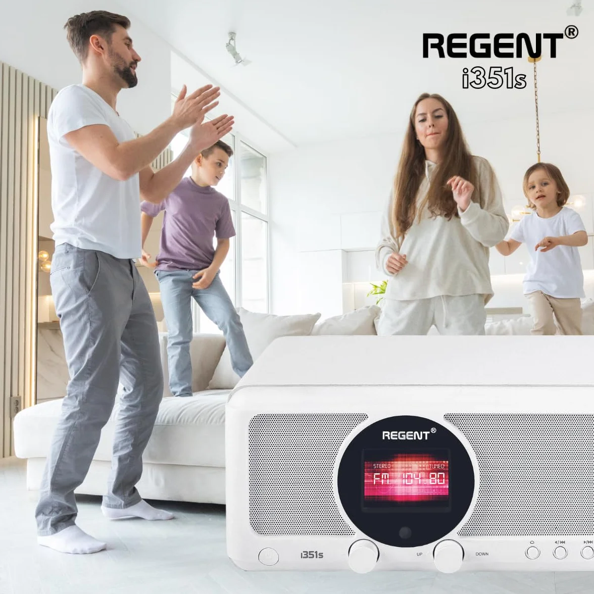 REGENT i351s Głośnik Spotify Connect DAB+ WI-FI Radio internetowe Hi-Fi Bluetooth FM 20, podwójny alarm, aplikacja do zdalnego sterowania, unikalny nadajnik Bluetooth Two Way BT (Biały)