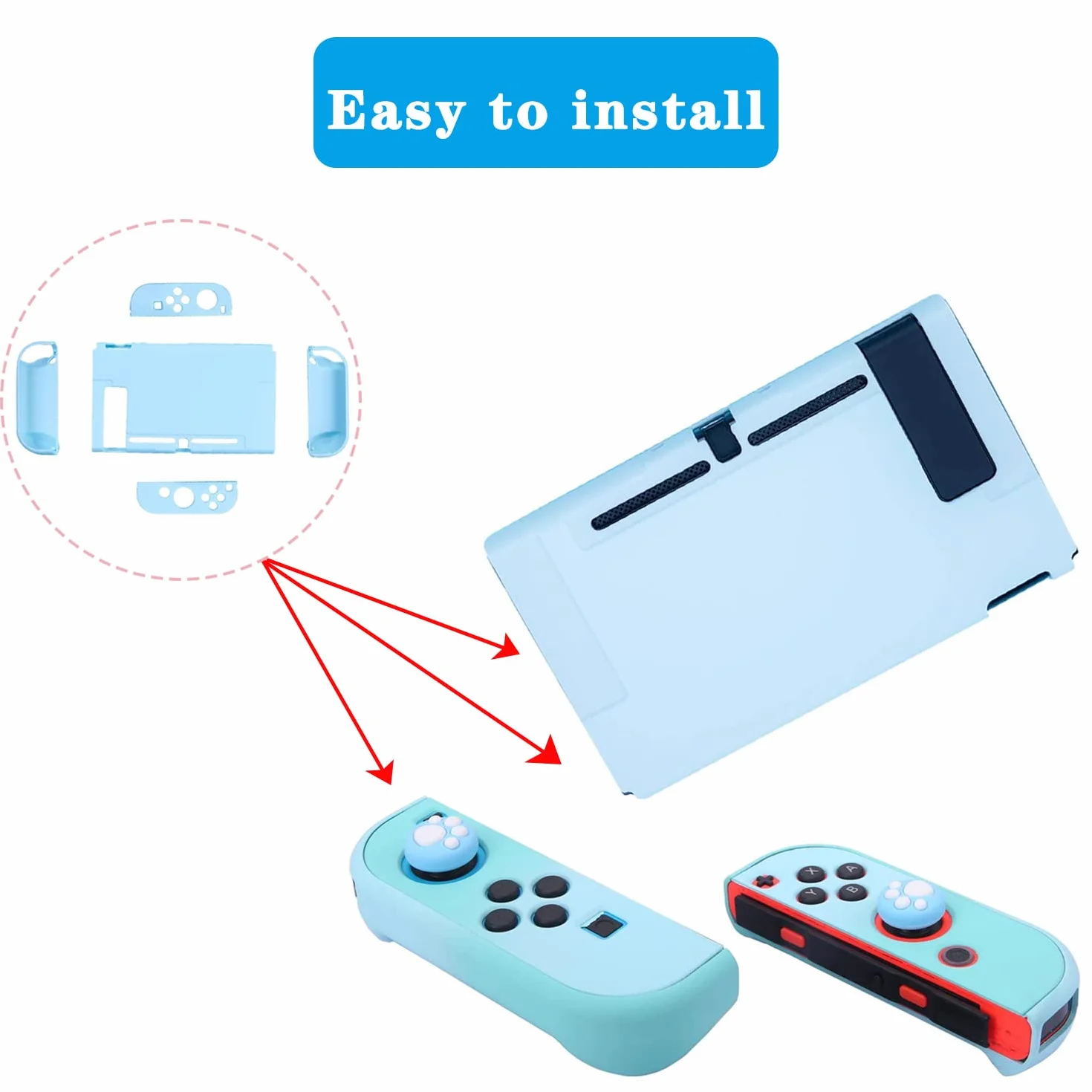 OLDZHU Etui kompatybilne z Nintendo Switch, jasnoniebieskie smukłe etui ochronne do konsoli NS i kontrolerów Joy-Con, ze szklanym ochraniaczem ekranu i 4 uchwytami na kciuk (jasnoniebieski)