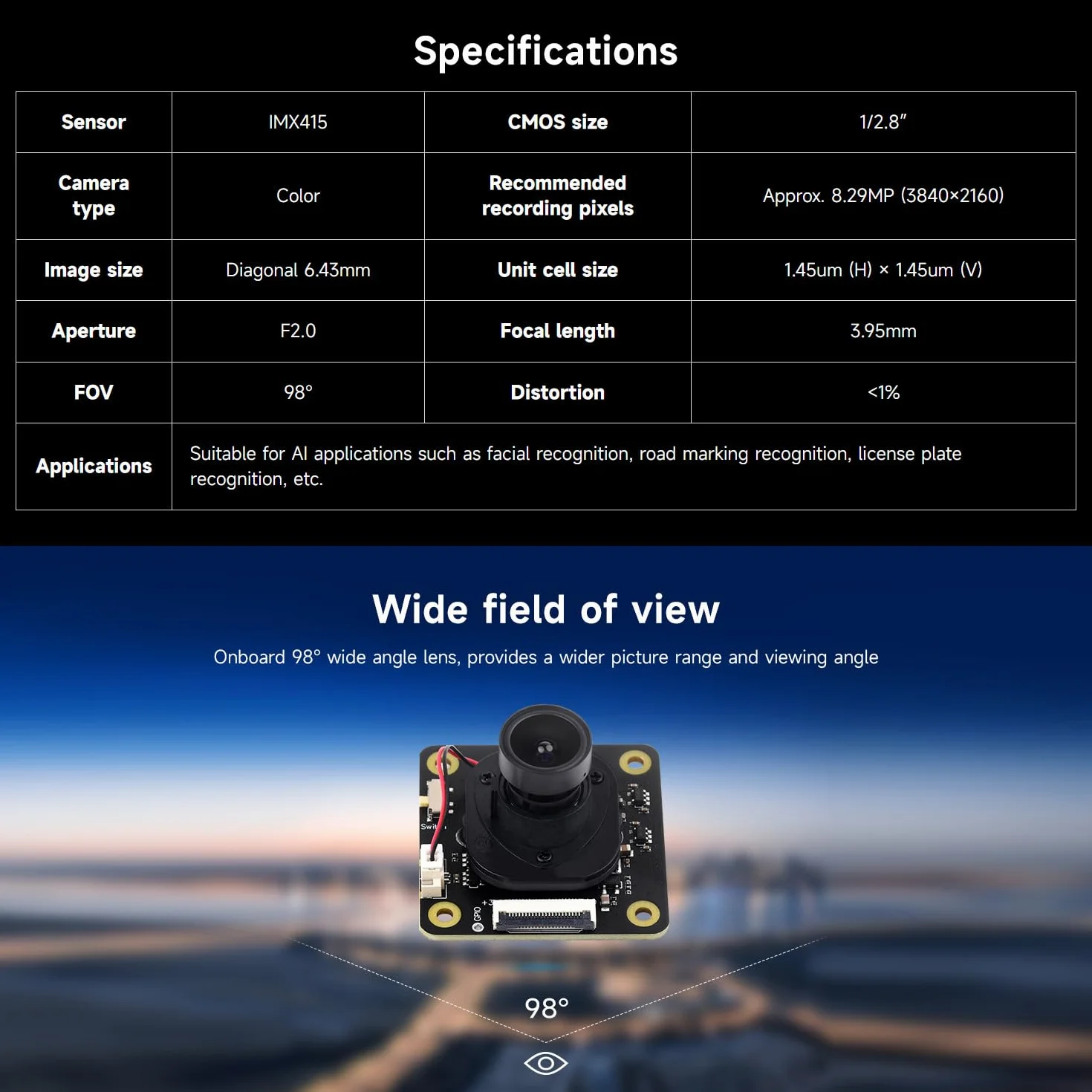 Waveshare IMX415 8MP Camera Module, Adopts IMX415 Sensor Chip with 98° Wide Angle Lens, Good Low Light Performance, and Low Distortion, Suitable for AI applications
