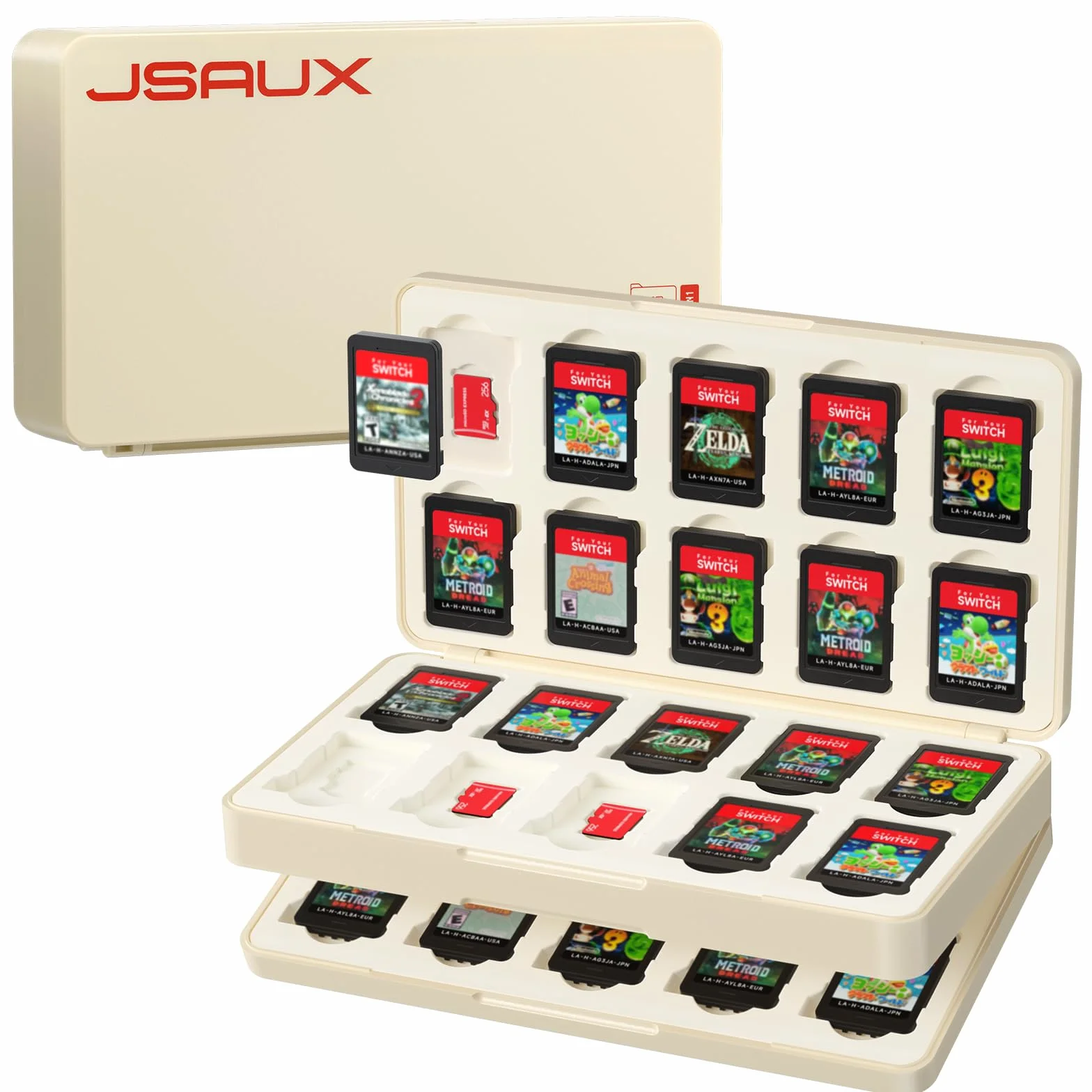 Pudełko do kart JSAUX do Switch 2 (2025), OLED i Lite, przenośne z 40 gniazdami (karty/gry + Micro SD) – kolor retro czerwony/biały