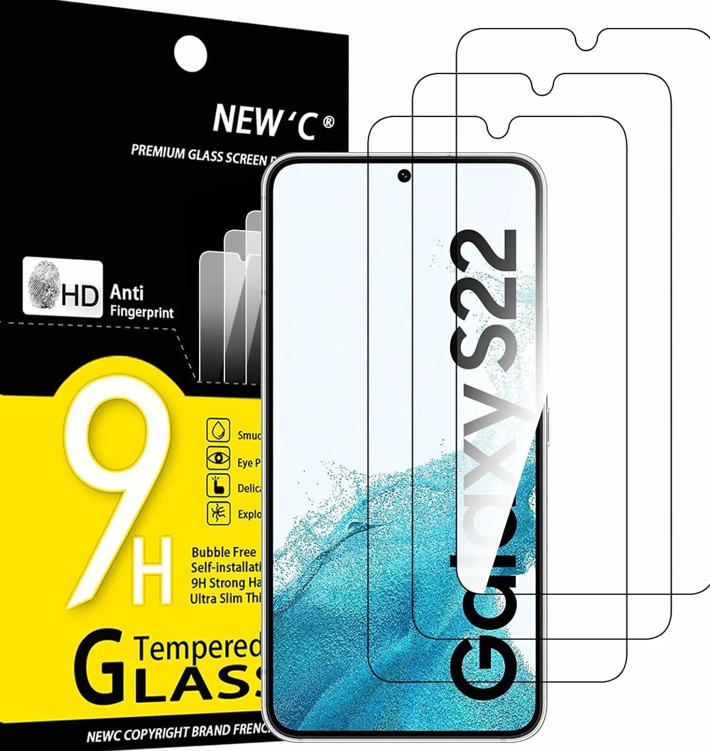 NEW'C 3 sztuki Szkło dla Samsung Galaxy S22 5G, Hartowane i Folia Ochronna Ochraniacz Ekranu - Bez pęcherzyków powietrza, odporność na zarysowania