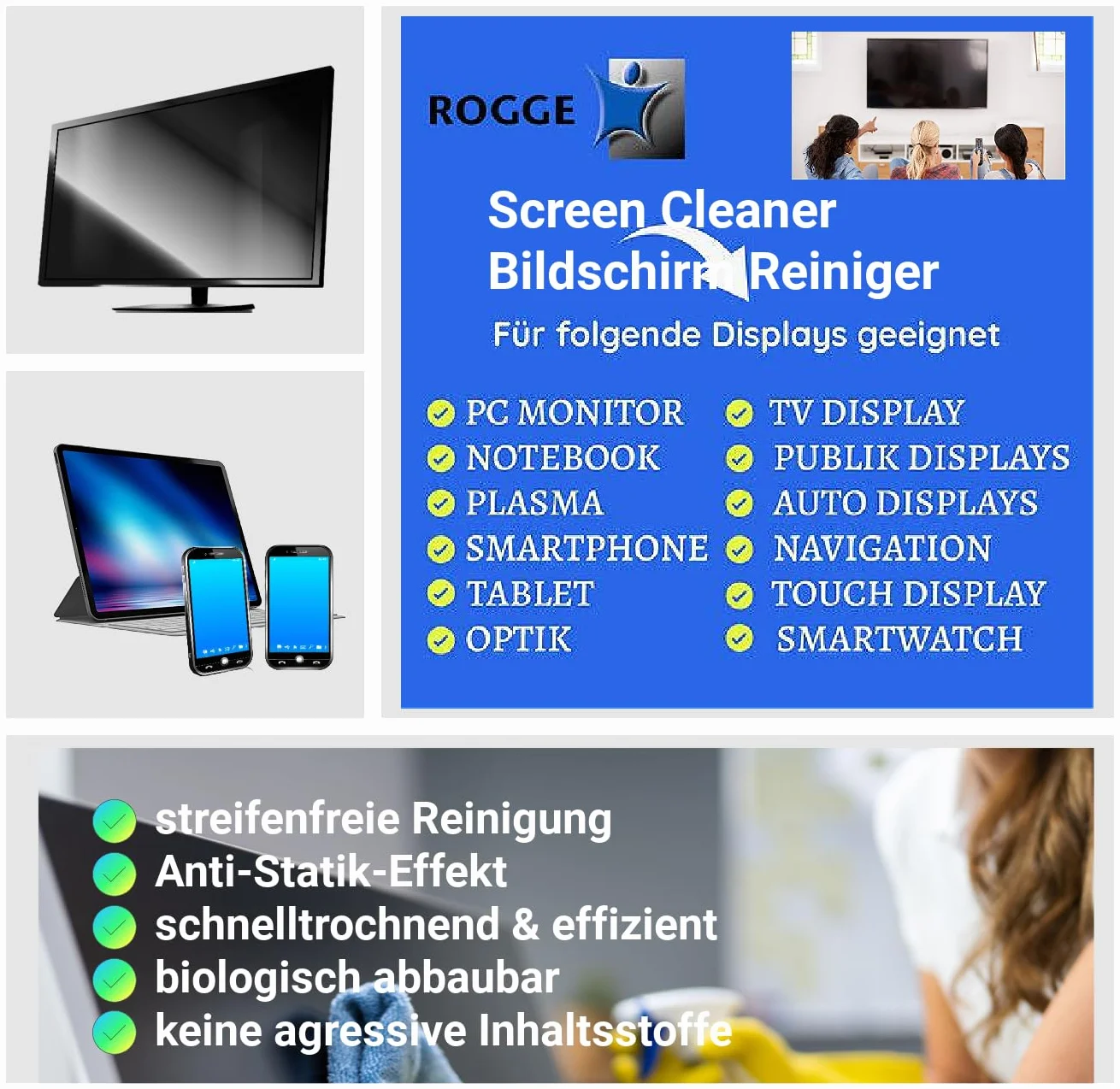 ROGGE 250 ml oryginalny, LCD - TFT - LED - TV - wyświetlacze dotykowe + plazmowy środek do czyszczenia ekranów. Oryginalny produkt od 1998 roku