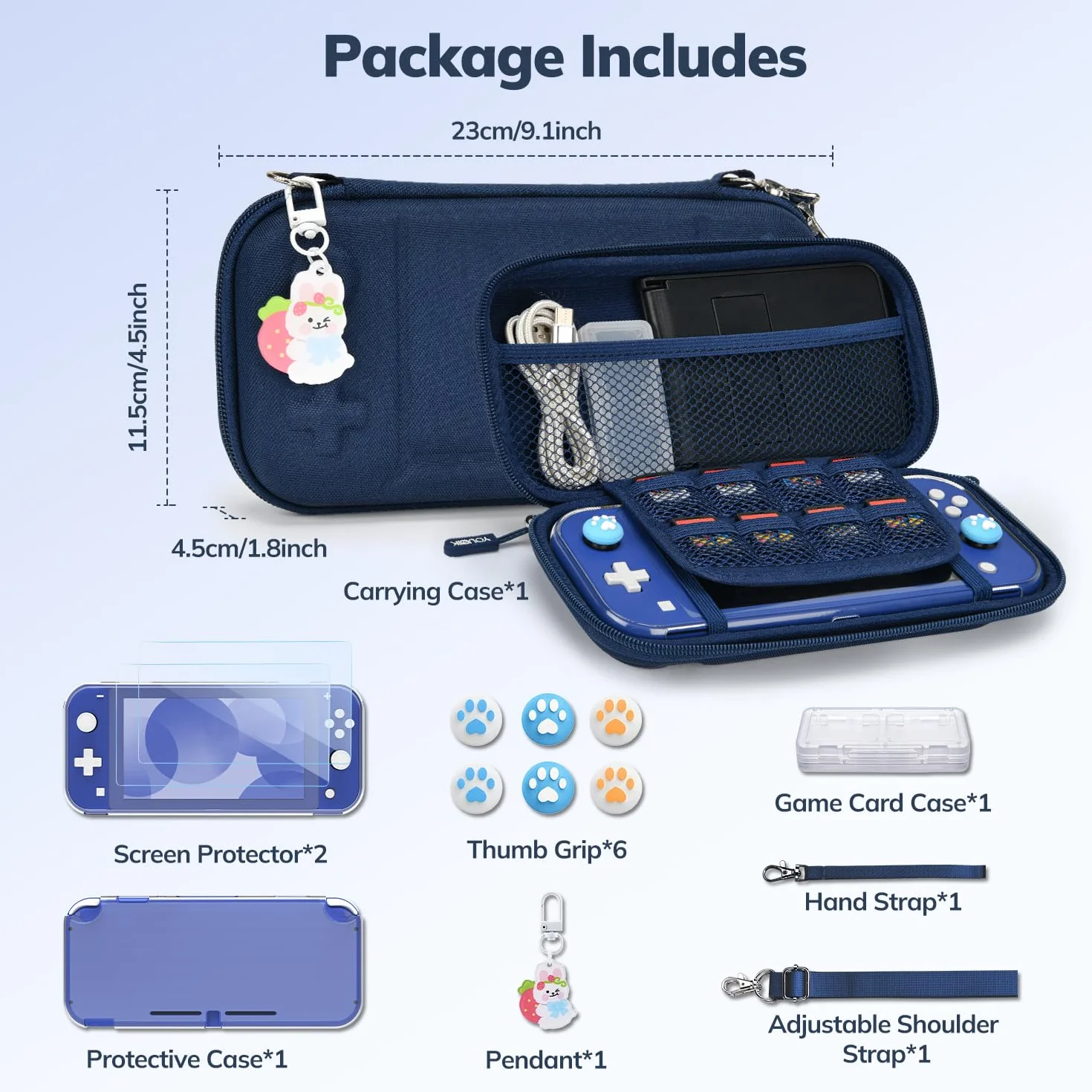 Younik Etui Switch Lite, 14 w 1 Zestaw Akcesoriów do Switch Lite z Etui na Przenoszenie, Przezroczyste Etui Ochronne, Etui na Karty Gry, 2 Ochrony Ekranu, 6 Gripy do Kciuka, Wisiorek, Niebieskie