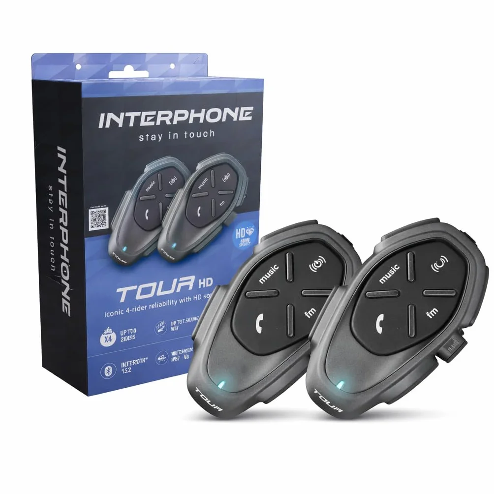 INTERPHONE TOUR HD podwójny domofon kask motocyklowy słuchawki stereo o wysokiej wierności 40 mm, 4 rowerzystów, odstęp 1,5 km, zasięg 25 godzin, szybkie ładowanie, TFT, wodoszczelność IPX67