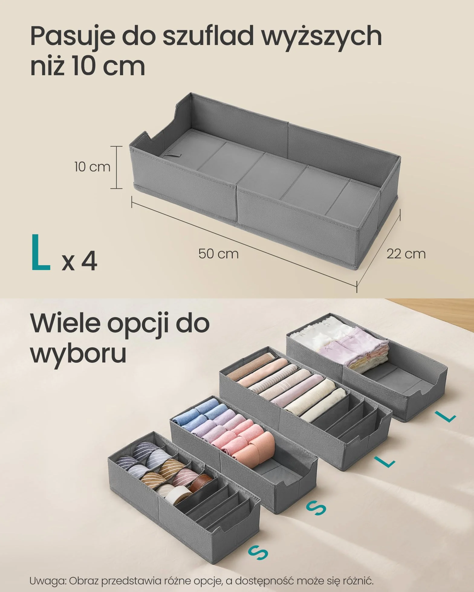 SONGMICS Zestaw organizerów na bieliznę 4 szt., organizer do szuflady do szafy IKEA PAX, bez przegródek, składany organizer do szafy, 50 x 22 x 10 cm na skarpetki, gołębi szary RUS013G01