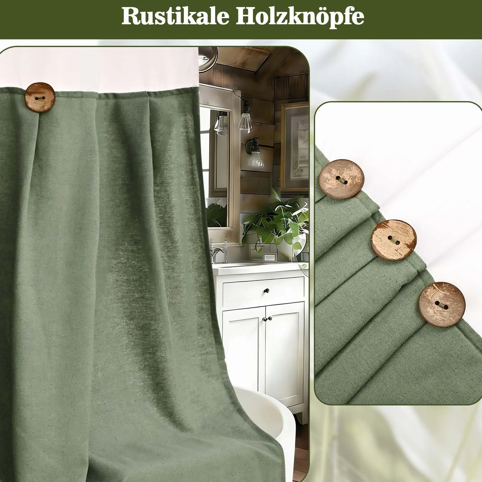 Alishomtll Zasłona prysznicowa 180 x 205 cm, zielona, ochrona przed pleśnią, tekstylna zasłona łazienkowa, nadaje się do prania, dwuwarstwowa zasłona prysznicowa z podszewką na zatrzask i