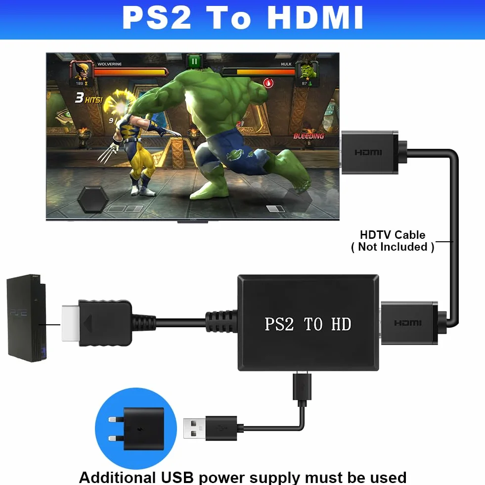 AXFEE Kabel adaptera PS2 na HDMI, adapter konwertera PS2/Slim PS2 na HDMI, kompatybilny z adapterem HDMI Playstation 2, audio i wideo
