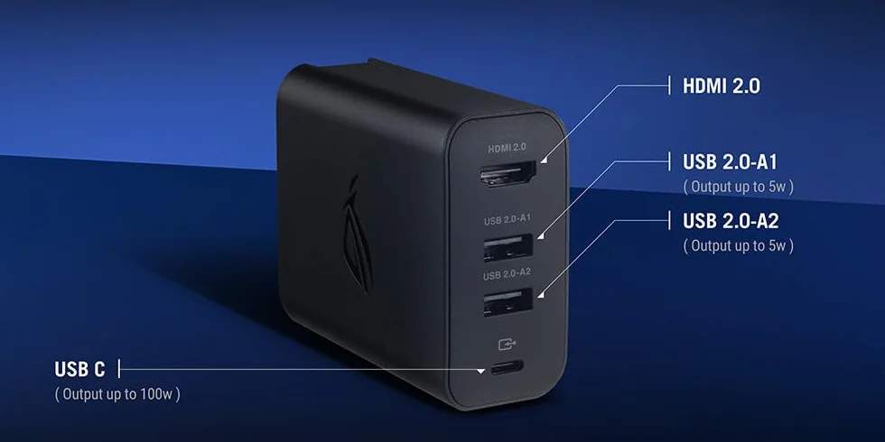 ASUS ROG ładowarka 100 W i kabel USB-C 1,5 m | moc całkowita do 100 W | 3 porty USB | 1 złącze HDMI | kompaktowy i wydajny | czarny