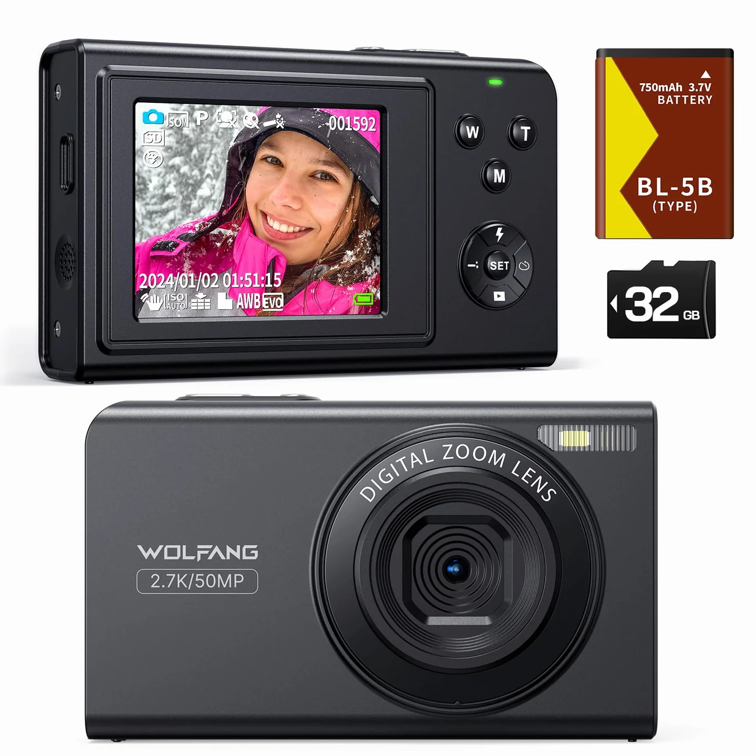 WOLFANG Aparat cyfrowy, 2,7 K Kids Camera do fotografii, 50 MP, kompaktowa kamera vloggowa, 16 x cyfrowy zoom, automatyczny punkt skupienia i strzelanie, prezent dla studentów, nastolatków
