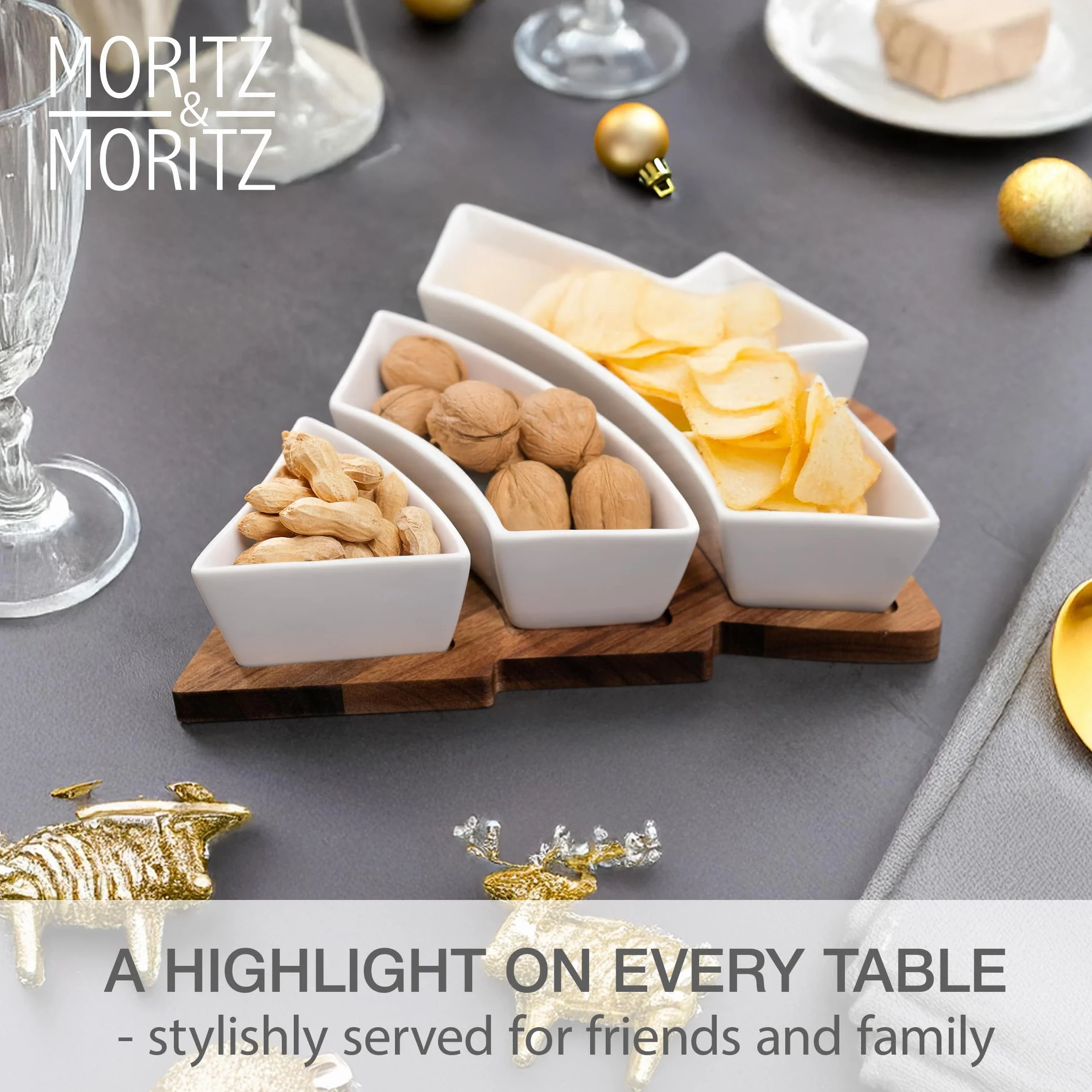 Moritz & Moritz Zestaw miseczek do serwowania Boże Narodzenie Choinka - zestaw miseczek do dipów z drewnianą tacy z drewna akacjowego - ceramiczne miseczki na przekąski, dip, ciastka i świąteczne