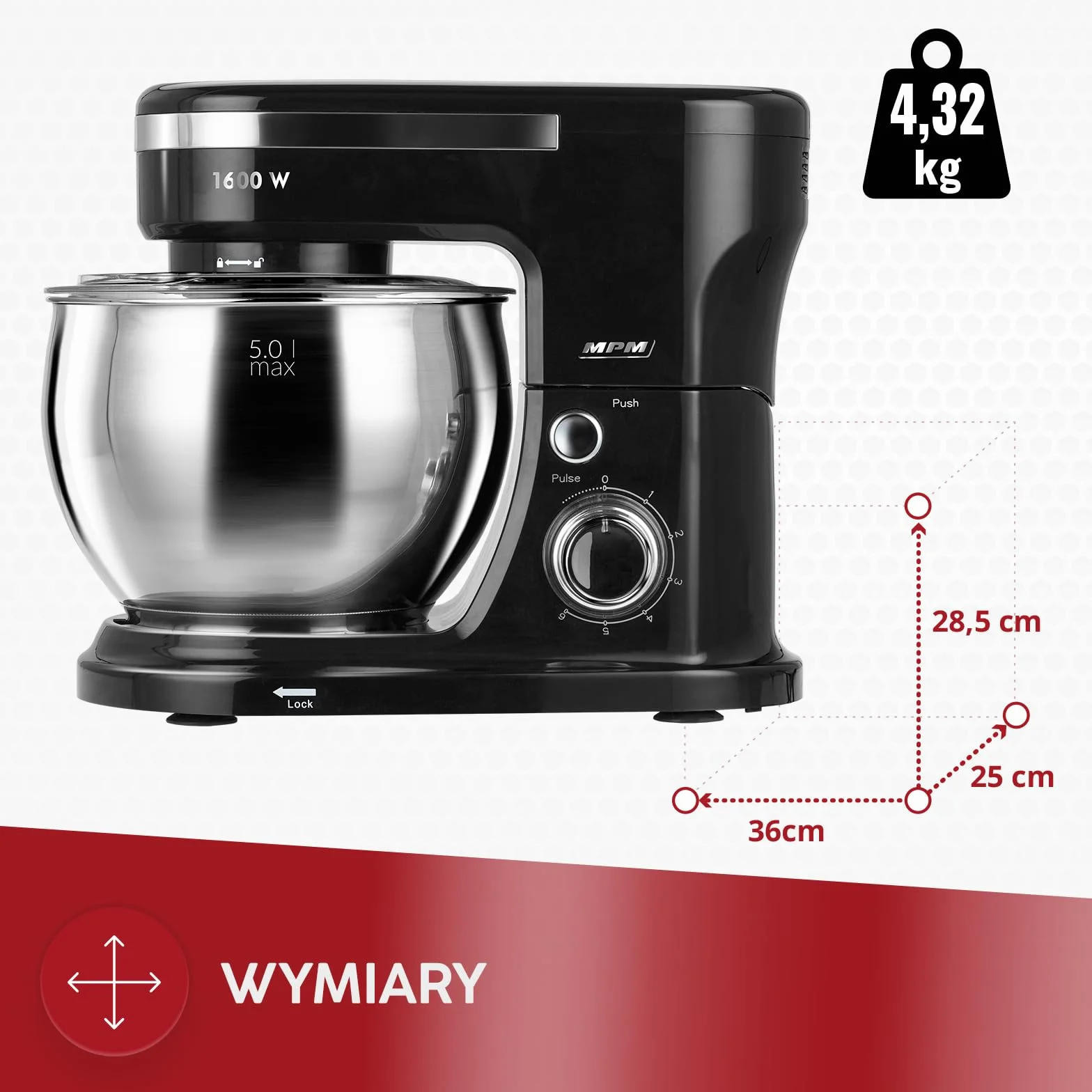 MPM - Robot kuchenny planetarny z 2 miskami do mieszania 4 i 5 litrów - robot kuchenny 1600 W - czarny