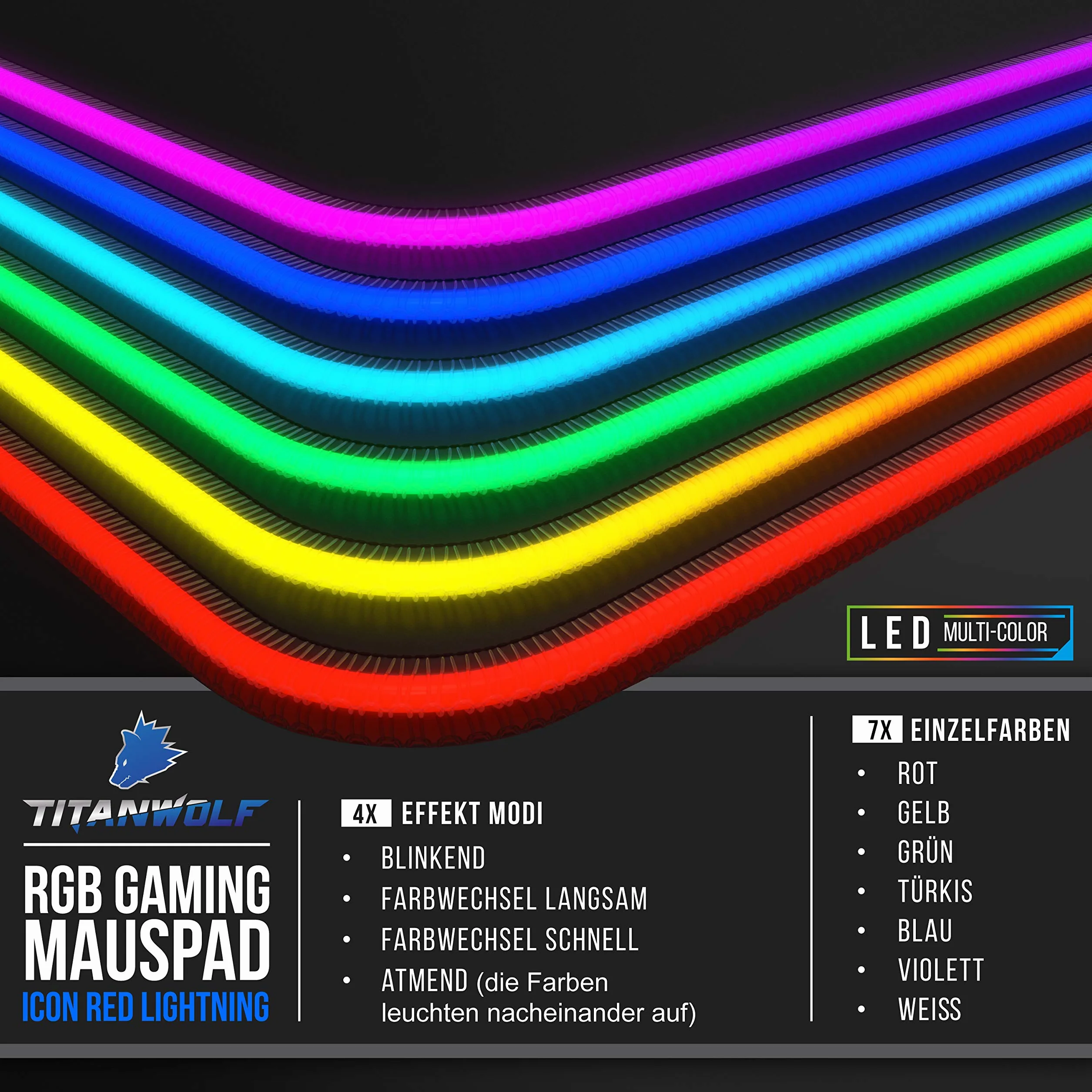 CSL-Computer Titanwolf gamingowa podkładka pod mysz RGB, podkładka na biurko, 800 x 300 mm, XXL podkładka pod mysz, LED, wielokolorowa, 11 trybów oświetlenia, 7 kolorów LED, plus 4 tryby efektu, zmywalna, czarna
