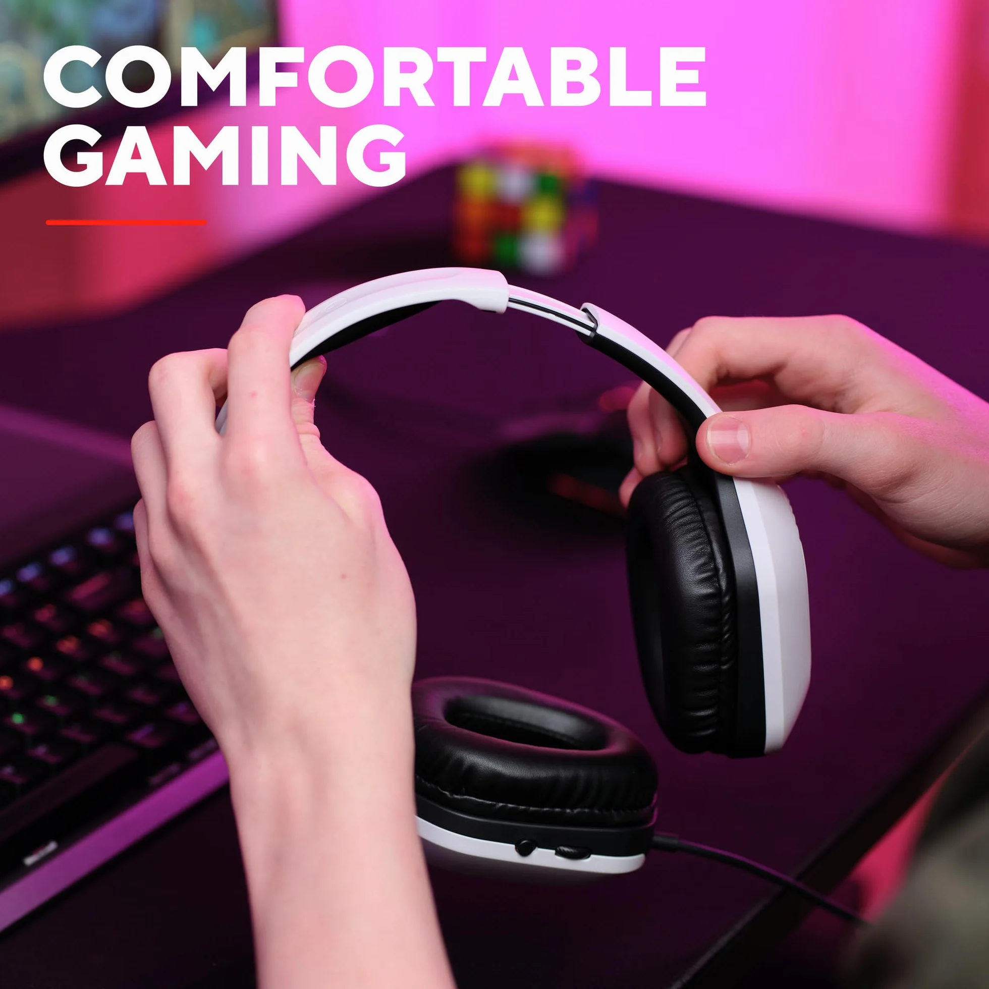 GXTrust 418W Rayne Lekkie Słuchawki Gamingowe PC Xbox PS4 PS5 Switch Smartfon 3.5 mm, Kabel 200cm, Przetworniki 50mm, Odchylany Mikrofon, Przewodowy Zestaw Słuchawkowy Wokółuszny, Biały