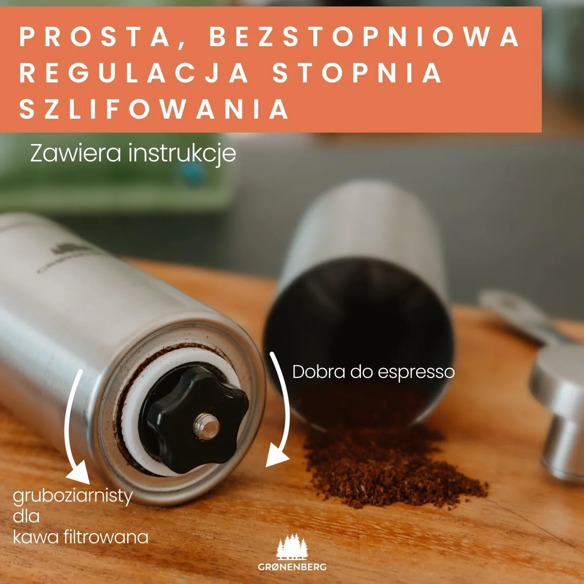 Przenośny ręczny ceramiczny młynek do kawy ze stali nierdzewnej. Regulowane stożkowe żarna. Wytrzymały, łatwy w czyszczeniu i użytkowaniu. Na biwak, do domu, w podróży.