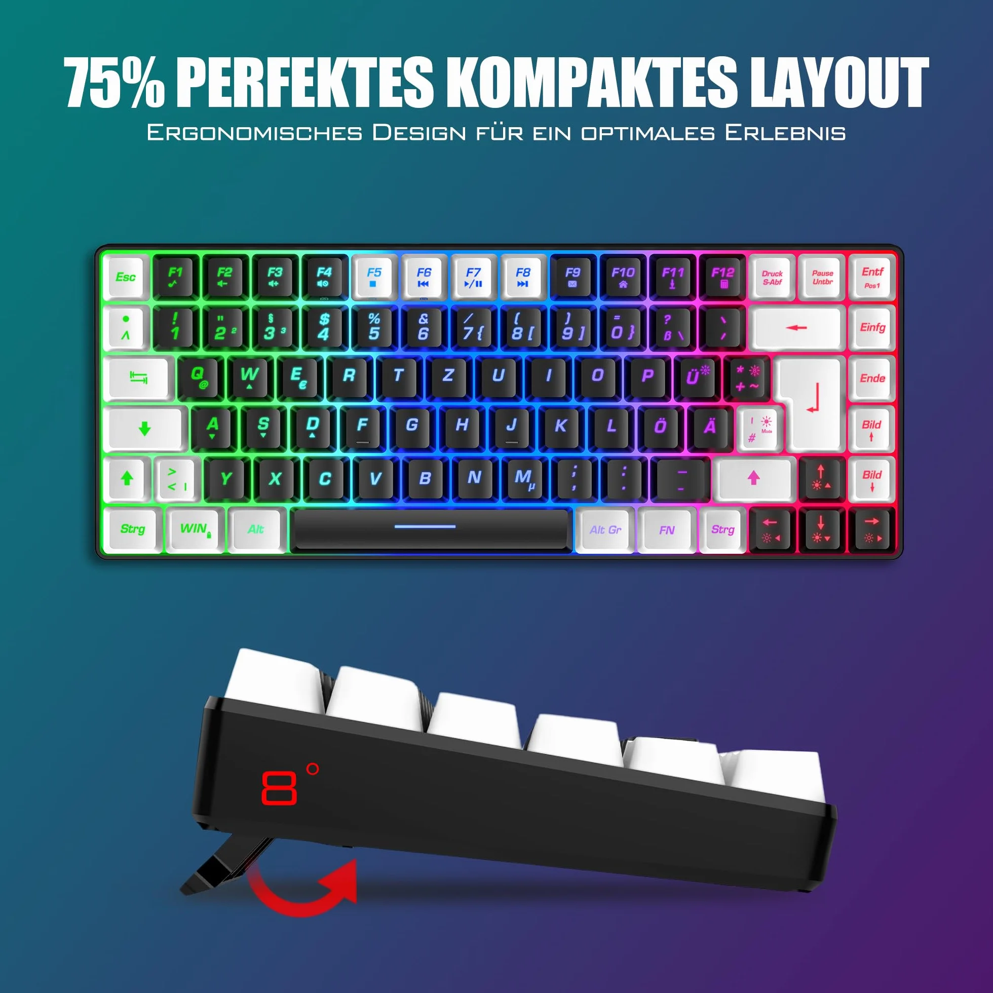 RedThunder 75% bezprzewodowa klawiatura i mysz do gier, układ DE TKL, 85 przycisków, możliwość ponownego ładowania, kompaktowa, ultralekka mysz 7200 DPI, konstrukcja Honeycomb, do PC Mac PS5, Xbox