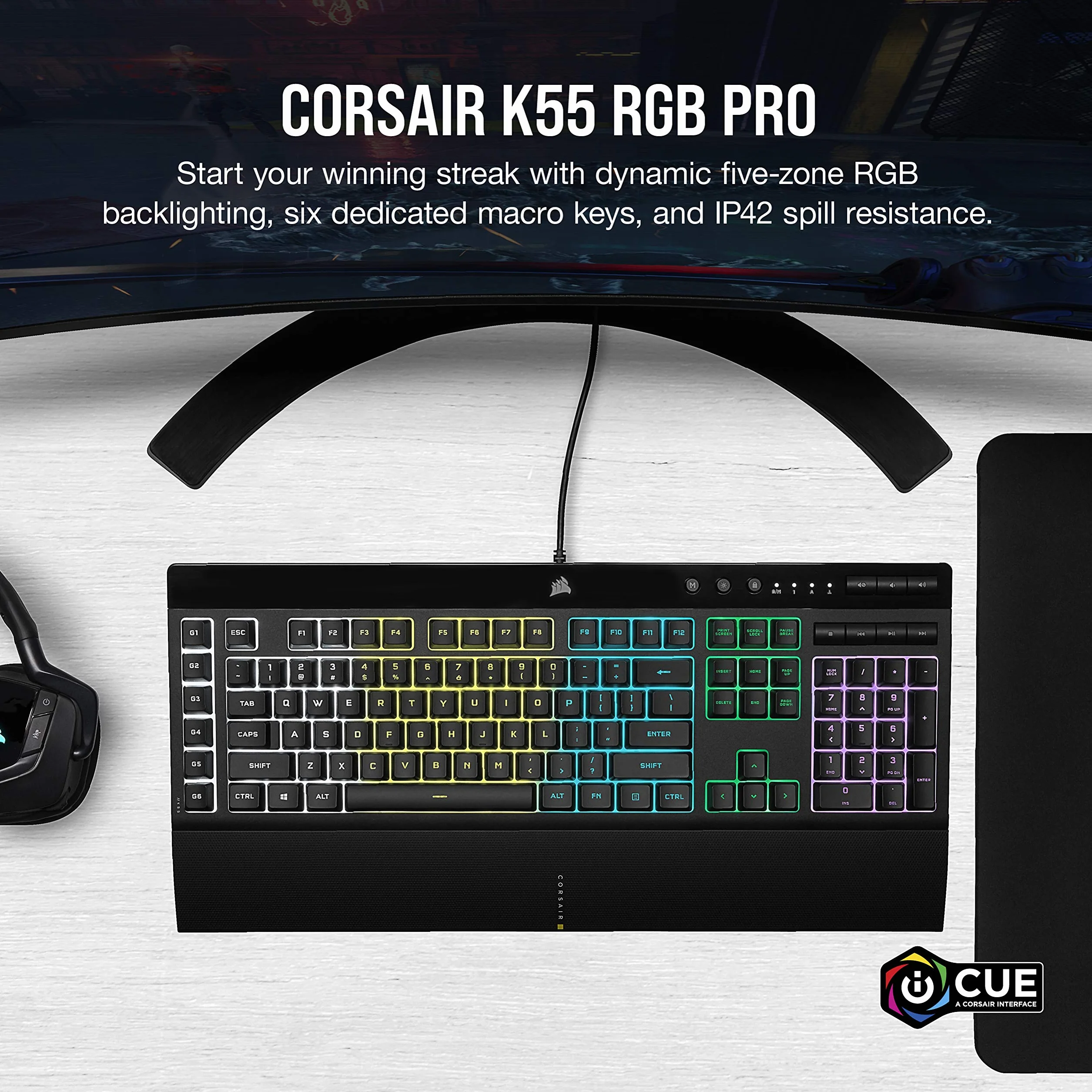 CORSAIR K55 RGB PRO przewodowa klawiatura do gier, IP42, odporna na kurz i zalanie, 6 klawiszy makro z integracją Elgato, kompatybilna z iCUE, QWERTY UK, PC, Mac, Xbox, czarna
