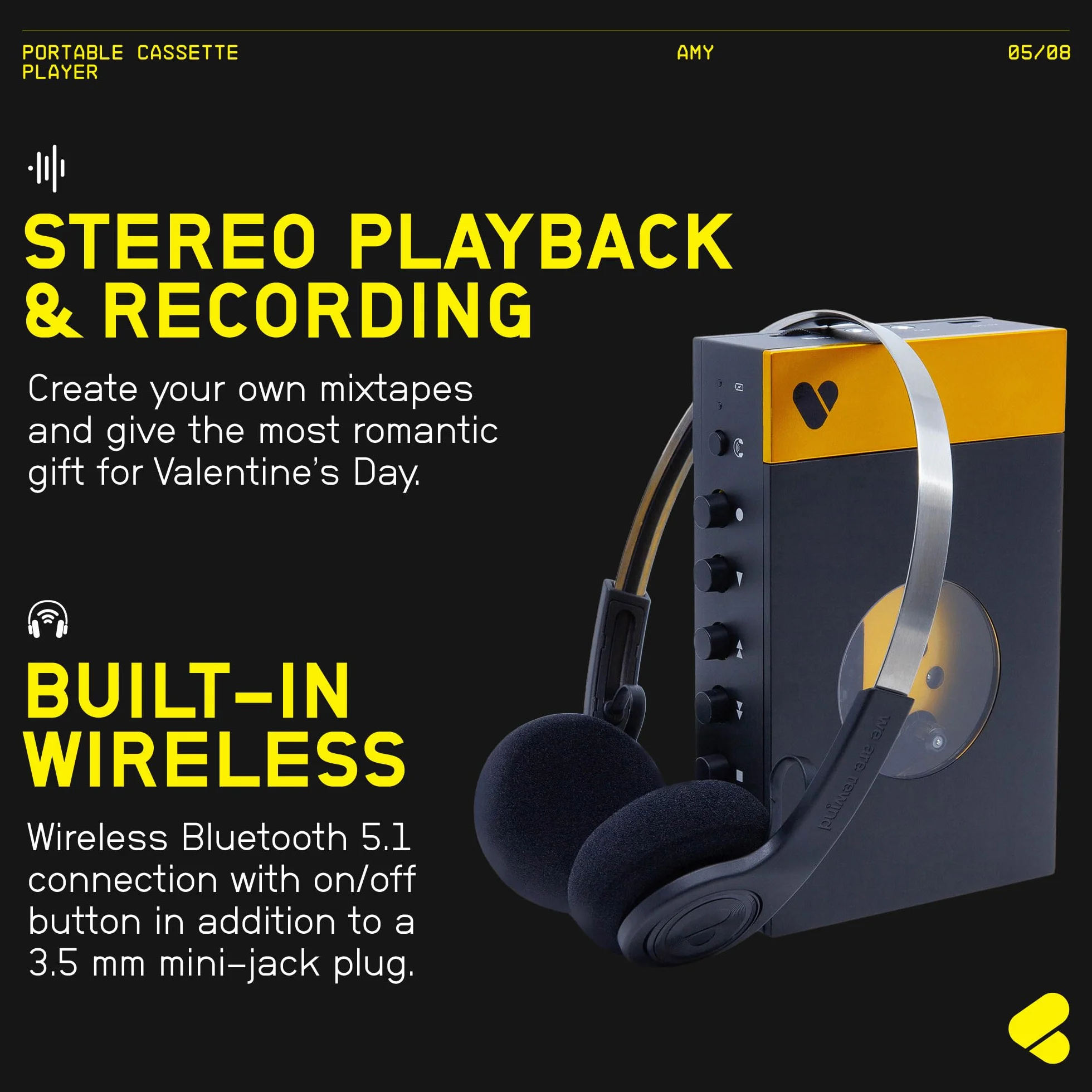 WeAreRewind Amy Tragbarer Kassettenspieler mit Bluetooth, Black Yellow (WE-001-BY1)