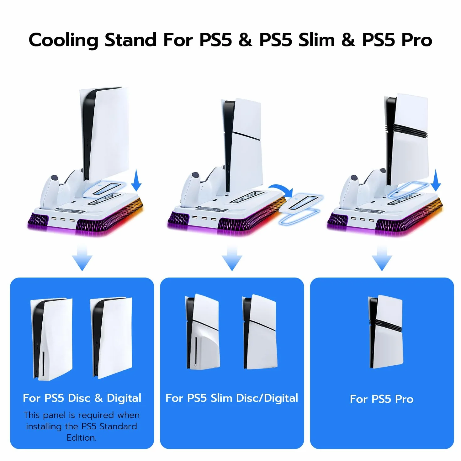 Wigearss Pionowa stacja chłodząca z wentylatorem PS5 Slim, ładowarką z dwoma kontrolerami i podświetleniem RGB dla PS5/PS5 Slim/PS5 Pro