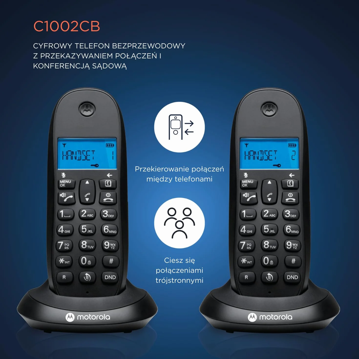 Motorola C1002CB+ - 2-pak cyfrowych telefonów bezprzewodowych DECT - tryb blokowania połączeń, identyfikacja dzwoniącego