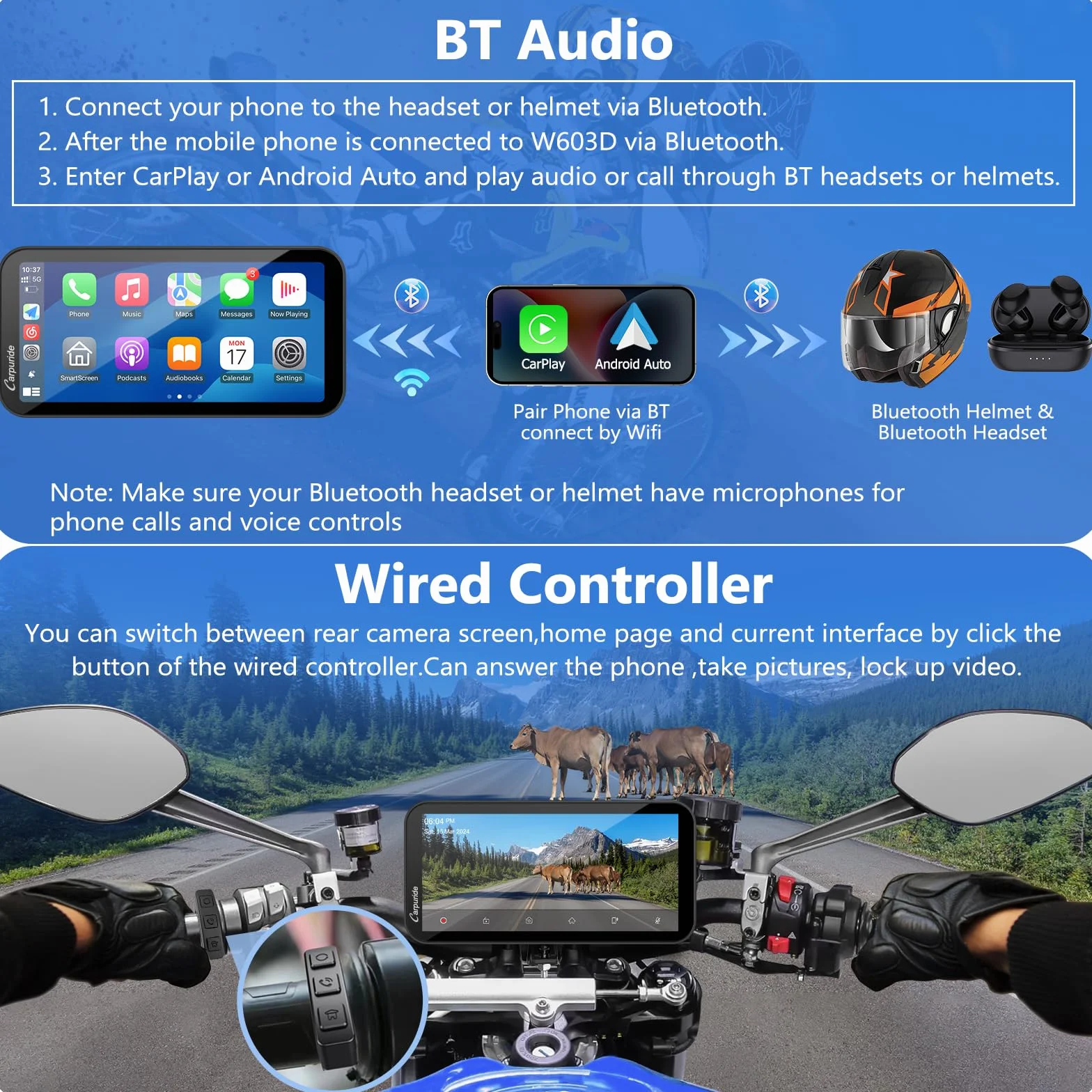 Carpuride W603D Motorcycle GPS Carplay Screen, Wireless CarPlay & Android Auto for Moto, z podwójnymi kamerami HD 1080P, pilotem, 6,3-calowym wodoodpornym ekranem dotykowym, nawigacja