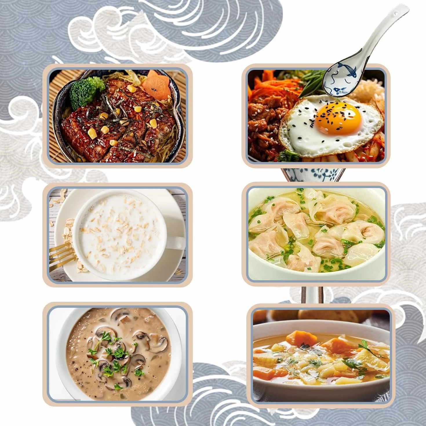 LATRAT 4 sztuki azjatyckich łyżek do zupy, wyjątkowy wzór ramen łyżki ceramiczne, z długim uchwytem, zestaw łyżek do pierogów, makaronu ryżowego, wontonu, makaronu i zup