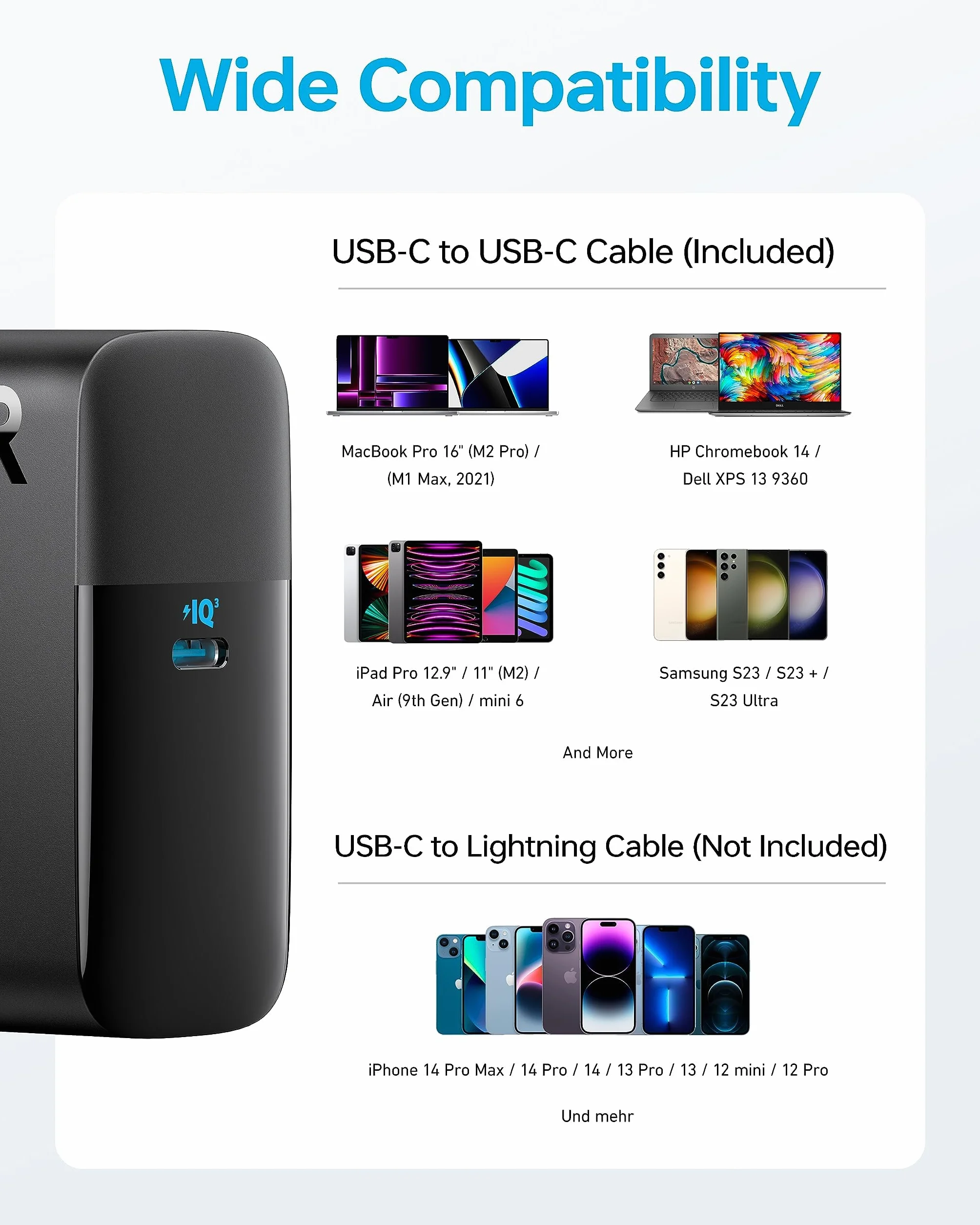 Anker Ładowarka USB-C 100 W, ładowarka do MacBooka Pro, kompaktowa szybka ładowarka Anker PIQ 3.0 do MacBooka, iPada Pro, iPhone'a 16/15, USB-C (kabel w zestawie)