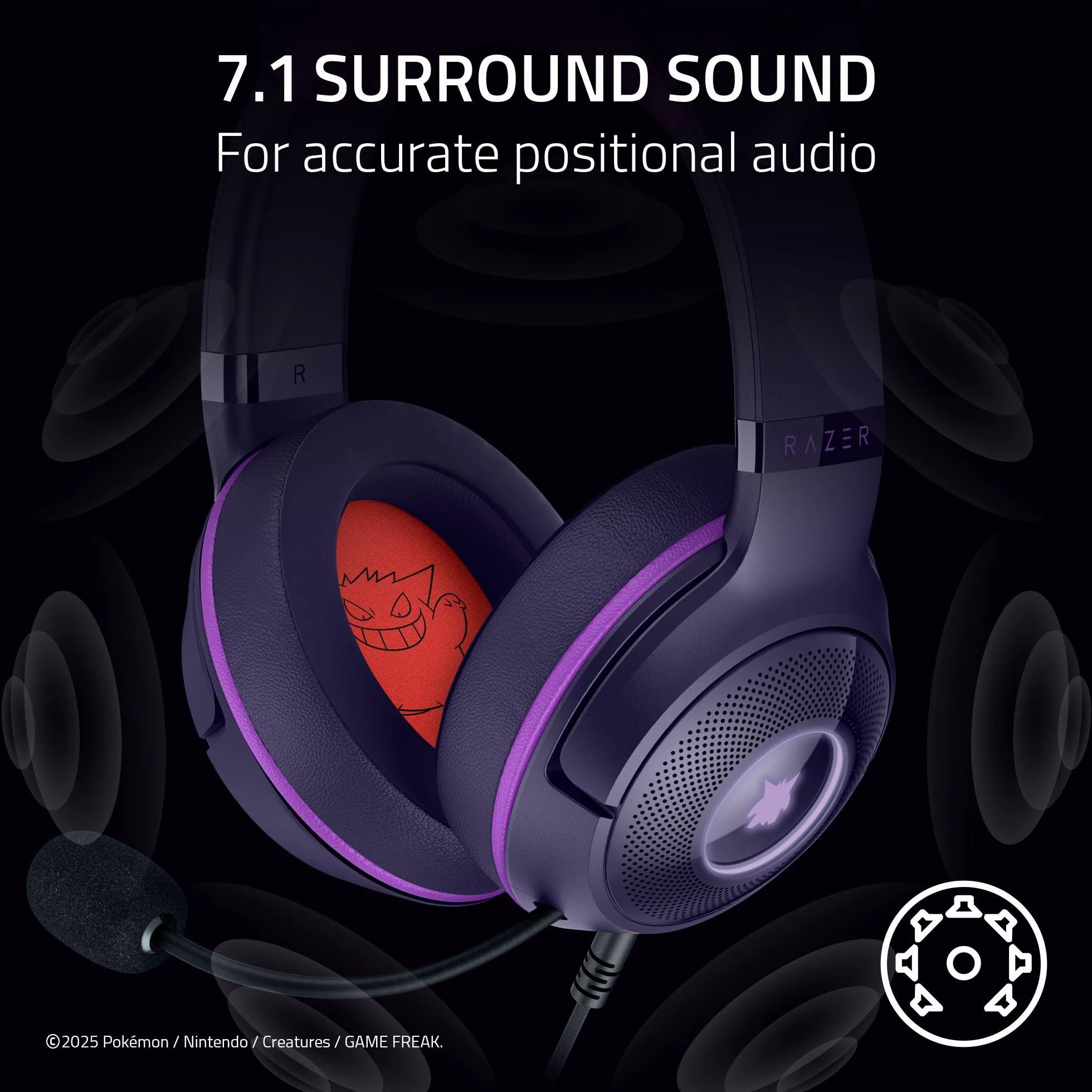 Razer Kraken Kitty V2 - Pokémon Gengar Edition - zestaw słuchawkowy USB - kolce Gengar - strumieniowe oświetlenie reaktywne - mikrofon kardioidalny - przetworniki TriForce 40mm | Fioletowy