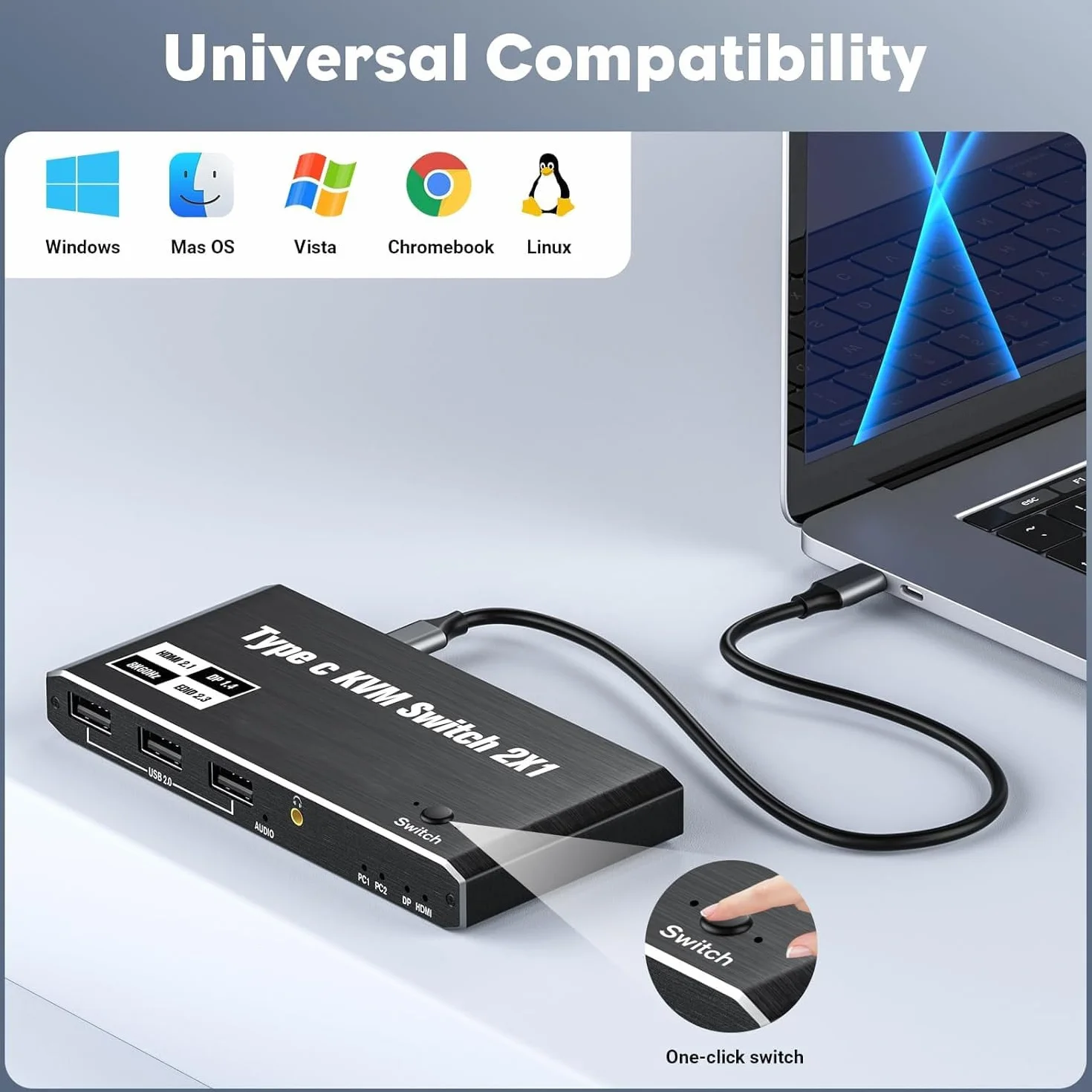 Przełącznik KVM USB-C 2 w 1 z wyjściem 8K przy 60 Hz 4K przy 120 Hz, dla Windows 11/10/8/7/Vista/XP, Mac OS X 10.9, kompatybilny z Thunderbolt 3 i Thunderbolt 4