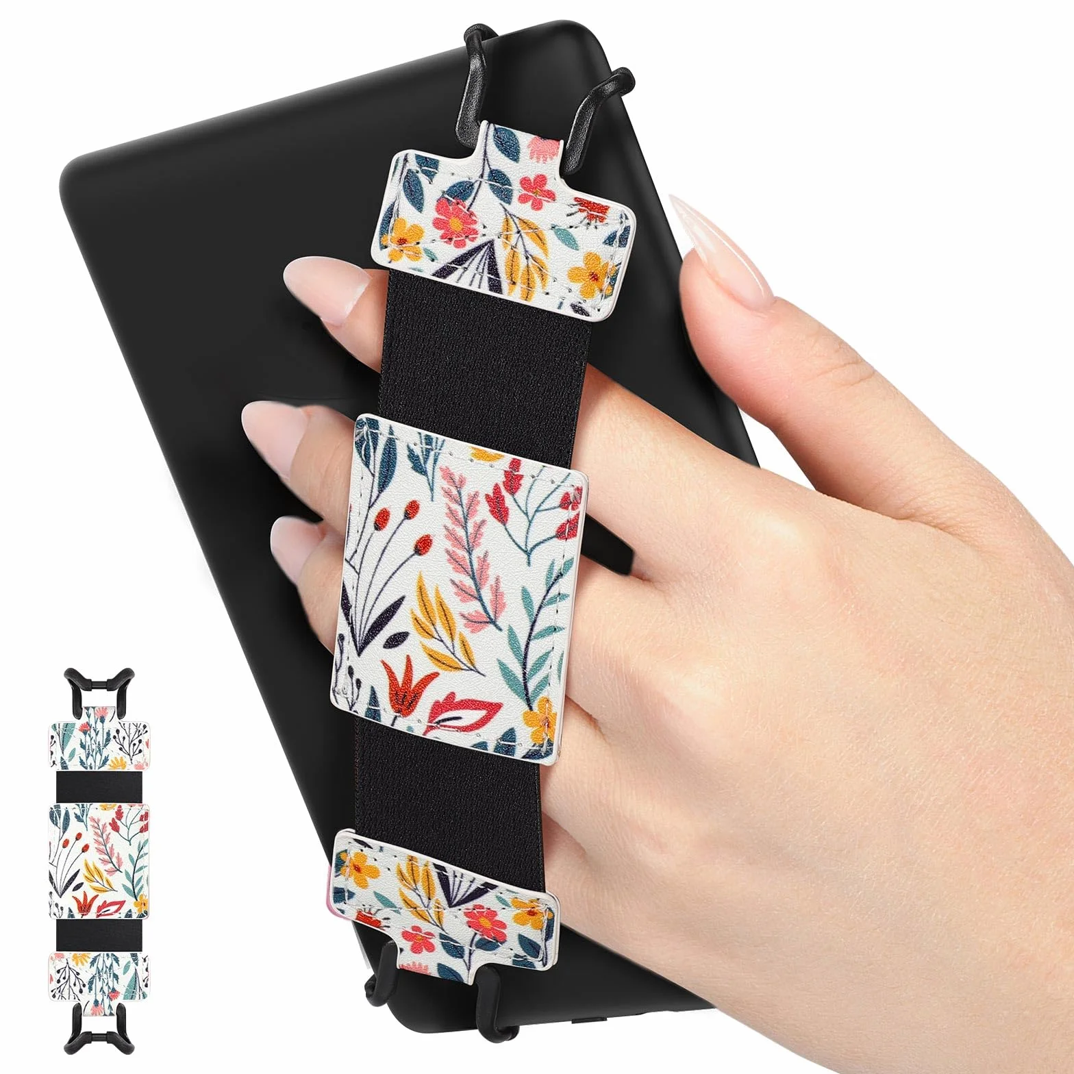MoKo Soft Hand Strap for 6-8" Kindle eReaders Fire Tablet Kindle/Kobo/Voyaga/Lenovo/Sony Kindle E-Book Tablet, Black High-Elasticity Versatile Hand Strap Lightweight Finger Grip Holder, Flowers