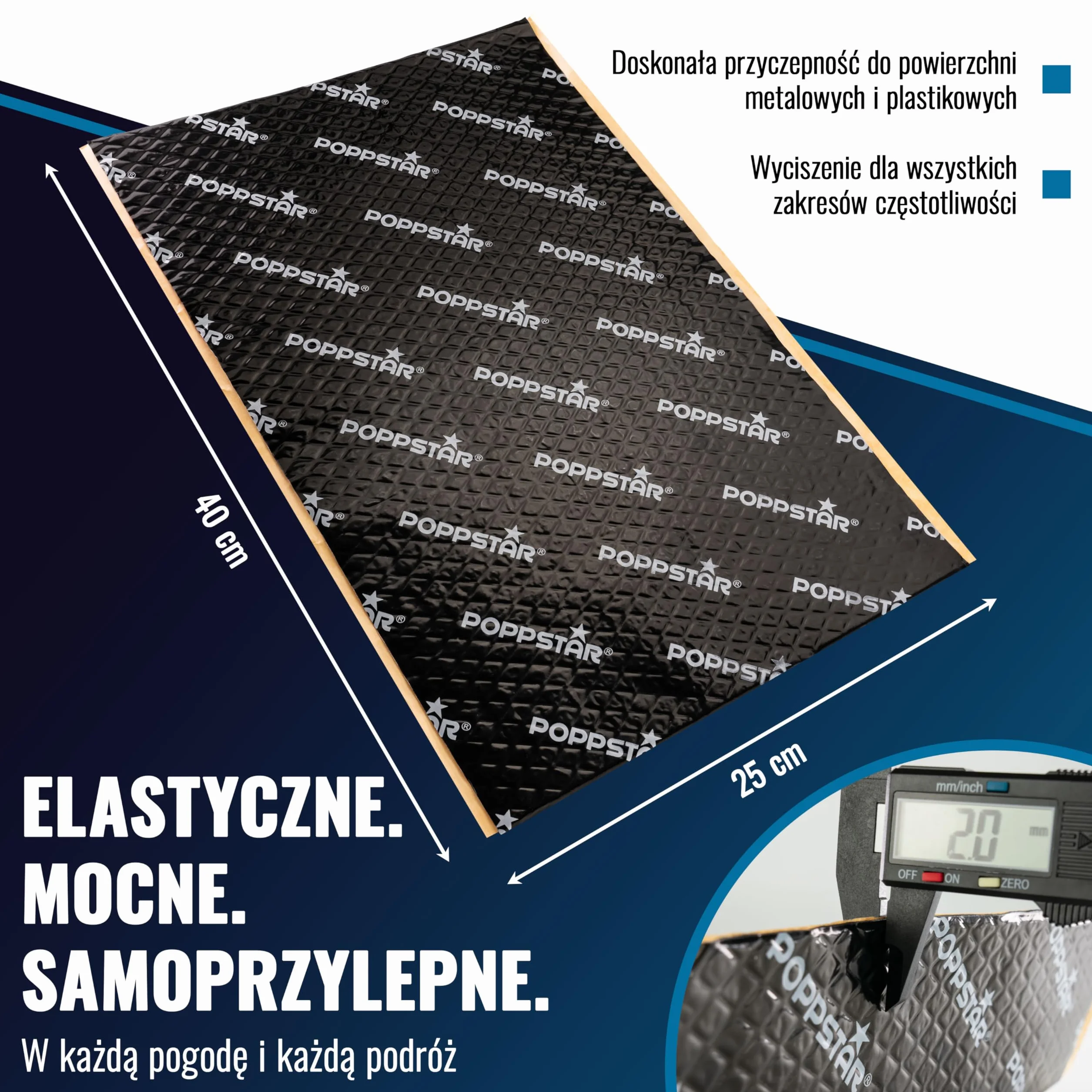 Poppstar 34 maty aluminiowo-butylowych, dźwiękochłonnych i antywibracyjnych, wymiary 40 x 25 cm, grubość 2 mm, odporne na wysokie temperatury, samoprzylepne