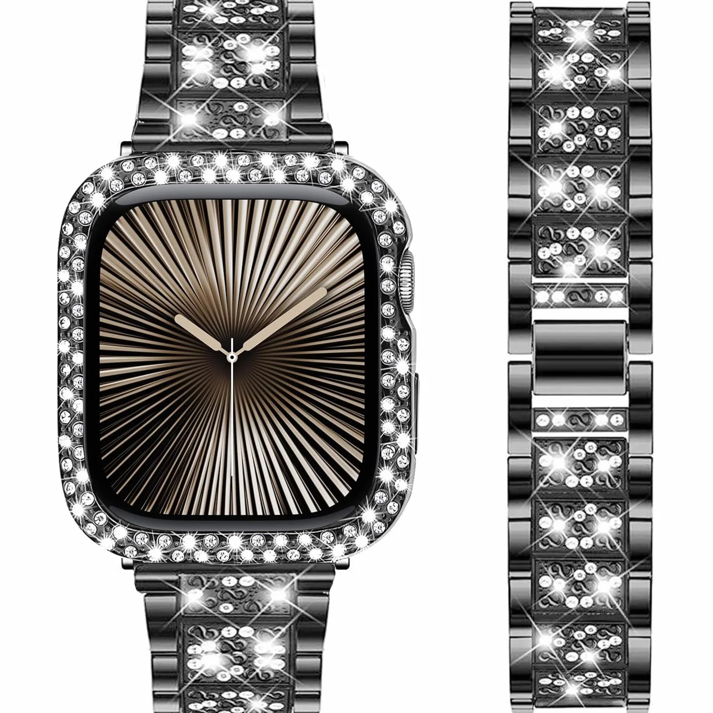 DEALELE Paski i etui kompatybilne z Apple Watch 49 mm, 46 mm, 42 mm, 45 mm, 41 mm, 44 mm, 40 mm, 38 mm, błyszczący diamentowy metalowy pasek z etui ochronnym do iWatch serii 10, 9, 8, 7, 6, 5, 4, 3