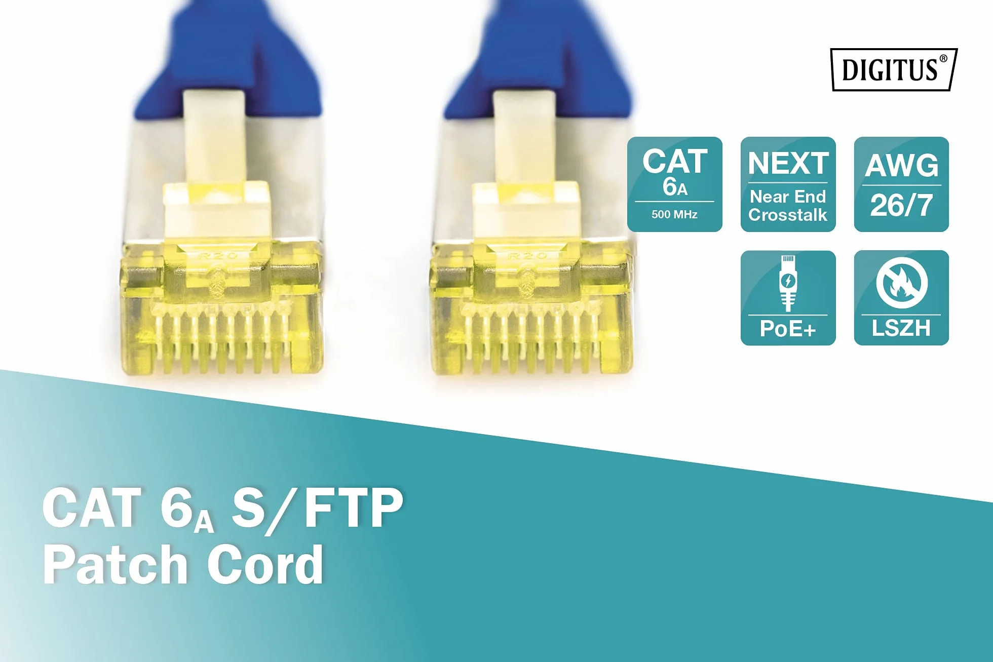DIGITUS Kabel LAN Cat 6A – 1 m – ekranowany S/FTP – 10 Gb/s – 500 MHz – PoE++ – AWG 26/7 – LSZH – Kabel sieciowy RJ45 – kabel krosowy – kompatybilny z Cat6 i Cat7 – niebieski