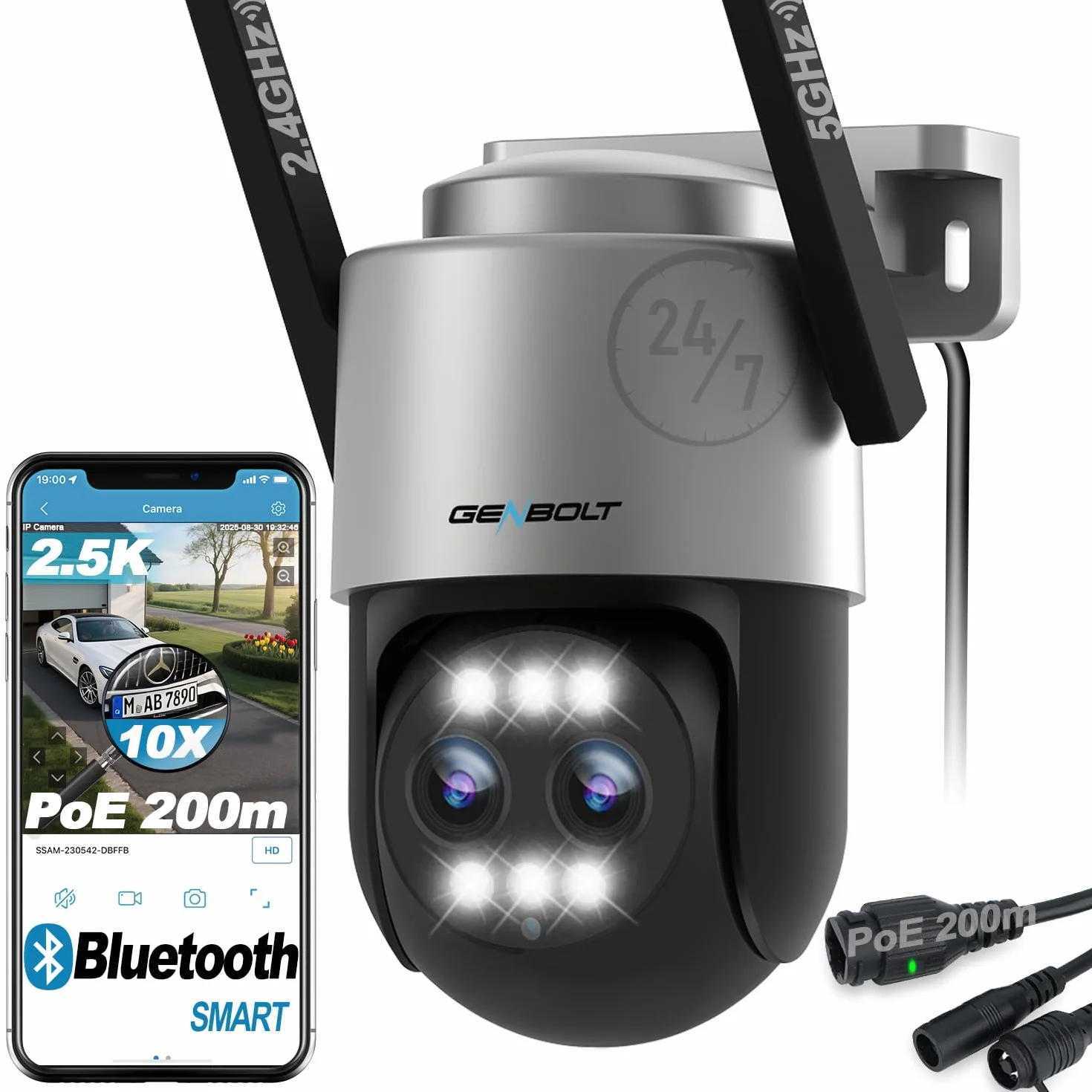 GENBOLT 2.5K Kamera PTZ WiFi do Użytku na Zewnątrz,Obsługująca POE, Podwójna IP 4MP Domowa Kamera Monitorująca,10-Krotny Zoom Hybrydowy,CCTV Kolorowy Tryb Nocny,Automatyczne Śoledzenie (2,4/5GHz)