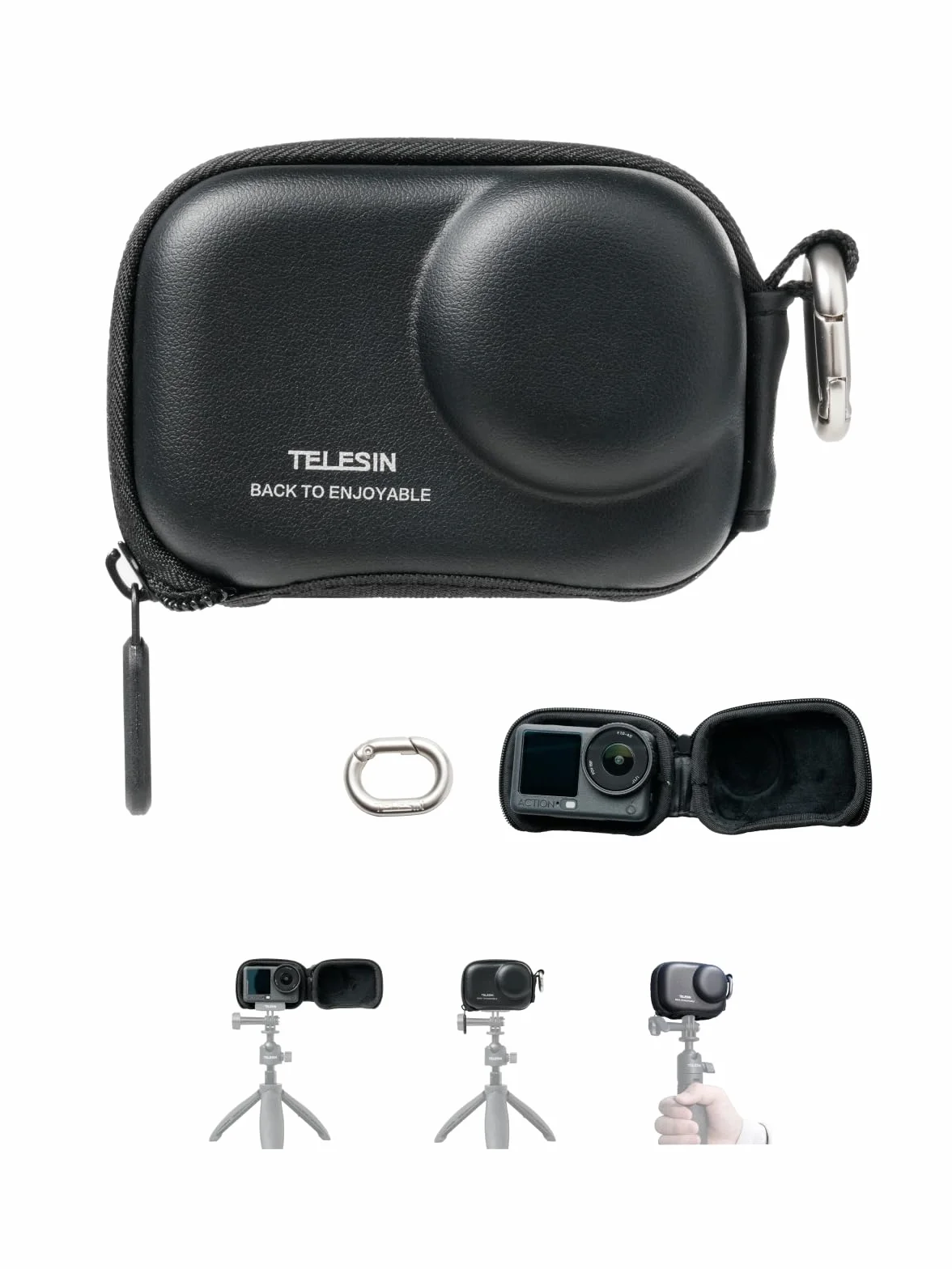 TELESIN Mini etui ochronne do DJI Osmo Action 6/5 Pro/4/3, wodoszczelne twarde etui z tworzywa EVA z karabińczykiem i otworem na dno, do kijków do selfie / statywu, akcesoria (czarne)