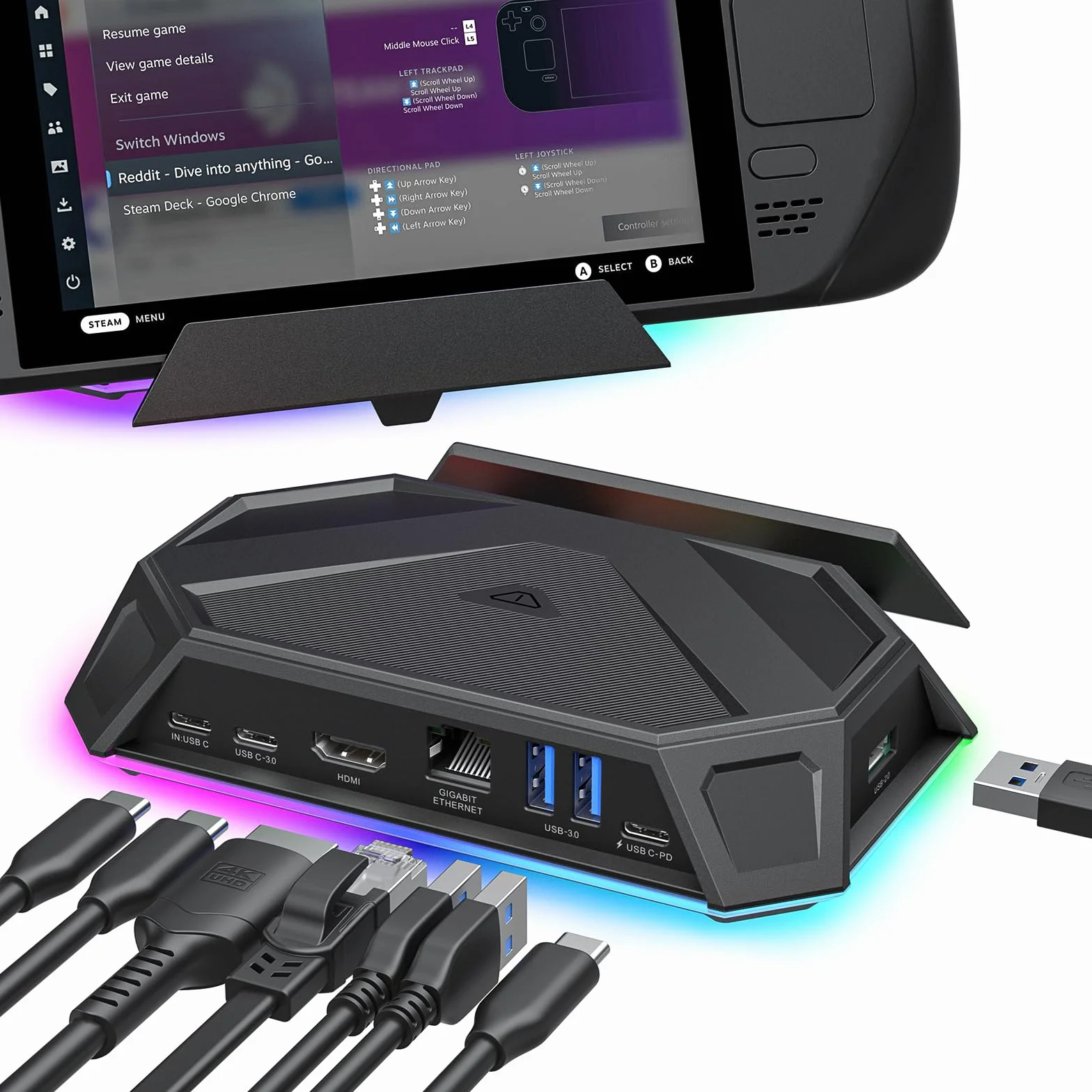 JSAUX Stacja dokująca RGB kompatybilny z Steam Deck (OLED)/ROG Ally/Legion Go, stacja dokująca 8 w 1 z 4K przy 60 Hz HDMI, Gigabit Ethernet, USB C 3.0, Dual USB A 3.0, USB 2.0 i 100W USB C – HB0801