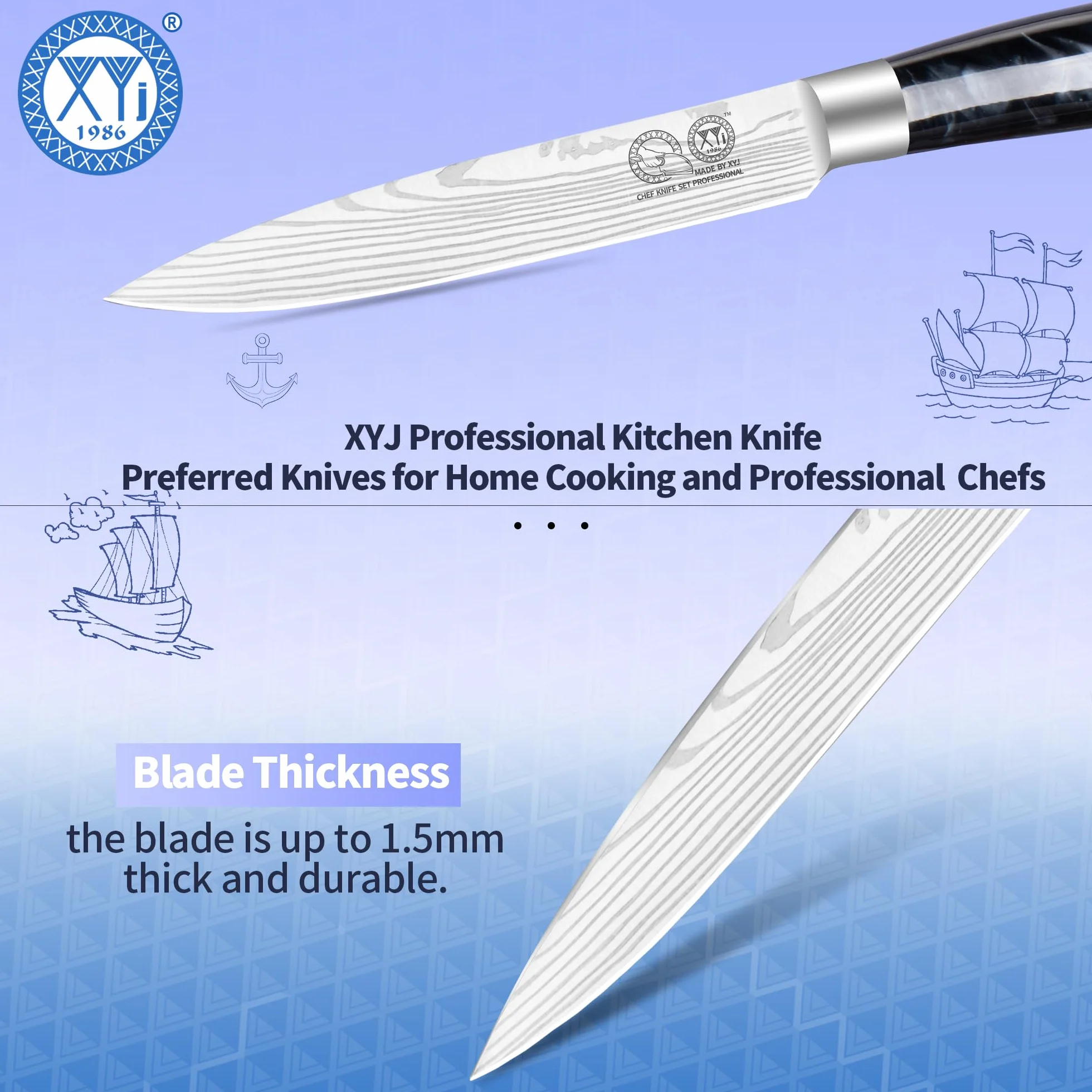 XYJ Kitchen Utility Knife,5 Inch Stainless Steel Steak Knife,Laser Damascus Pattern,Japanese Chef Knife Kitchen Cutlery,Meat Knife With Cover,Resin Handle